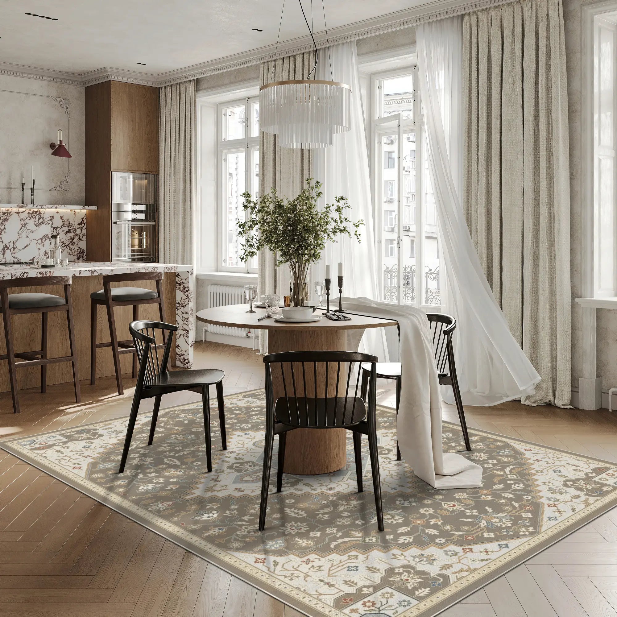 area rug with beige, gray, and cream medallion pattern under dining table in kitchen room