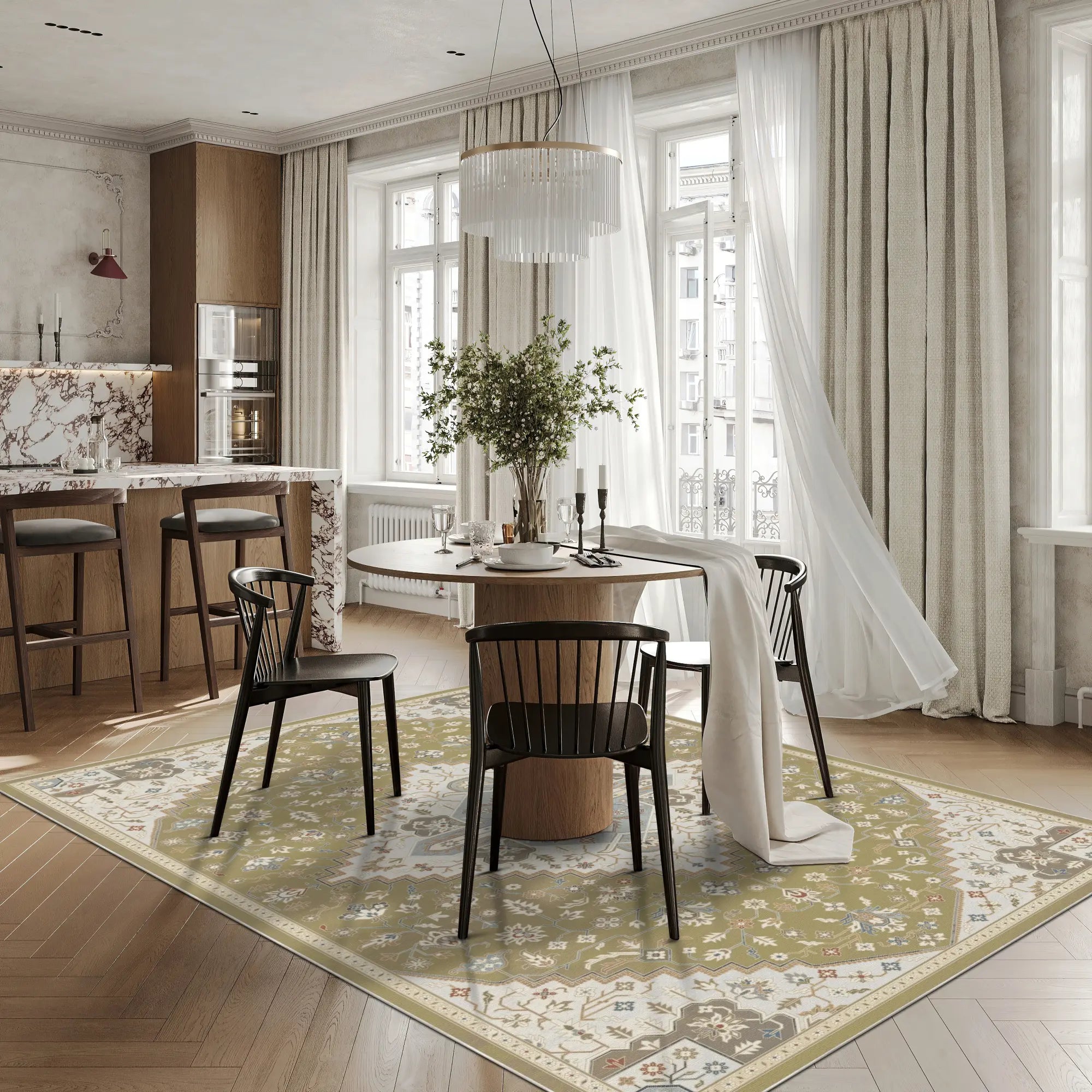area rug with olive green, beige, and cream medallion pattern under dining table in kitchen