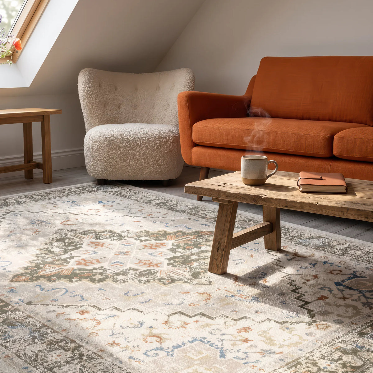 A large traditional-style green area rug with an intricate multicolor floral and geometric pattern in beige, blue, orange, and green tones, styled in a cozy attic living room with an orange sofa, a cream bouclé armchair, and a rustic wooden coffee table.