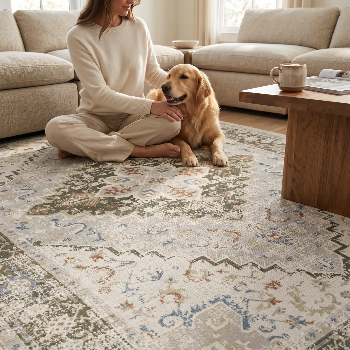 A woman in a cream sweater and pants sits cross-legged on a large vintage-style area rug with a golden retriever dog beside her in a bright living room. The rug features a distressed traditional pattern in beige, blue, green, and rust tones.