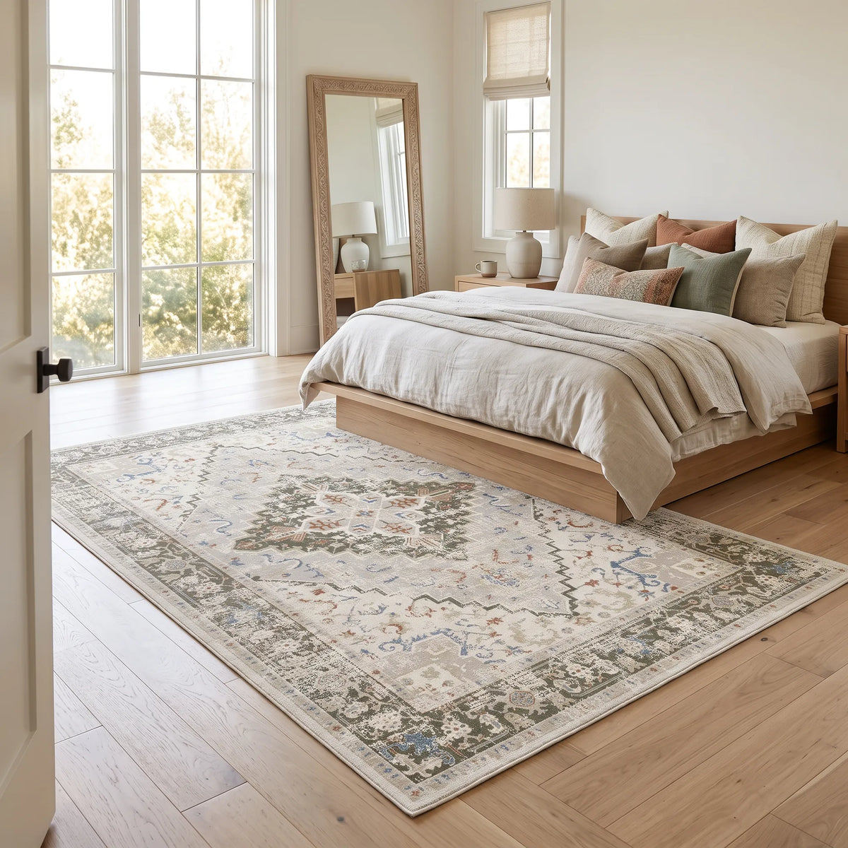 A green & beige rug in a bedroom. There is a large bed, a mirror and windows.