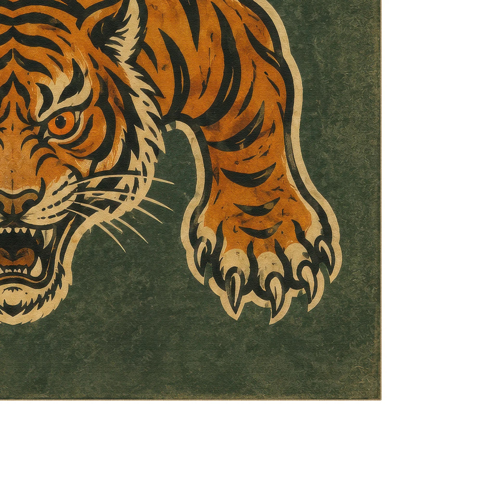 A close-up of a tiger rug, showing the side of the head and front paw against a dark green textured background.