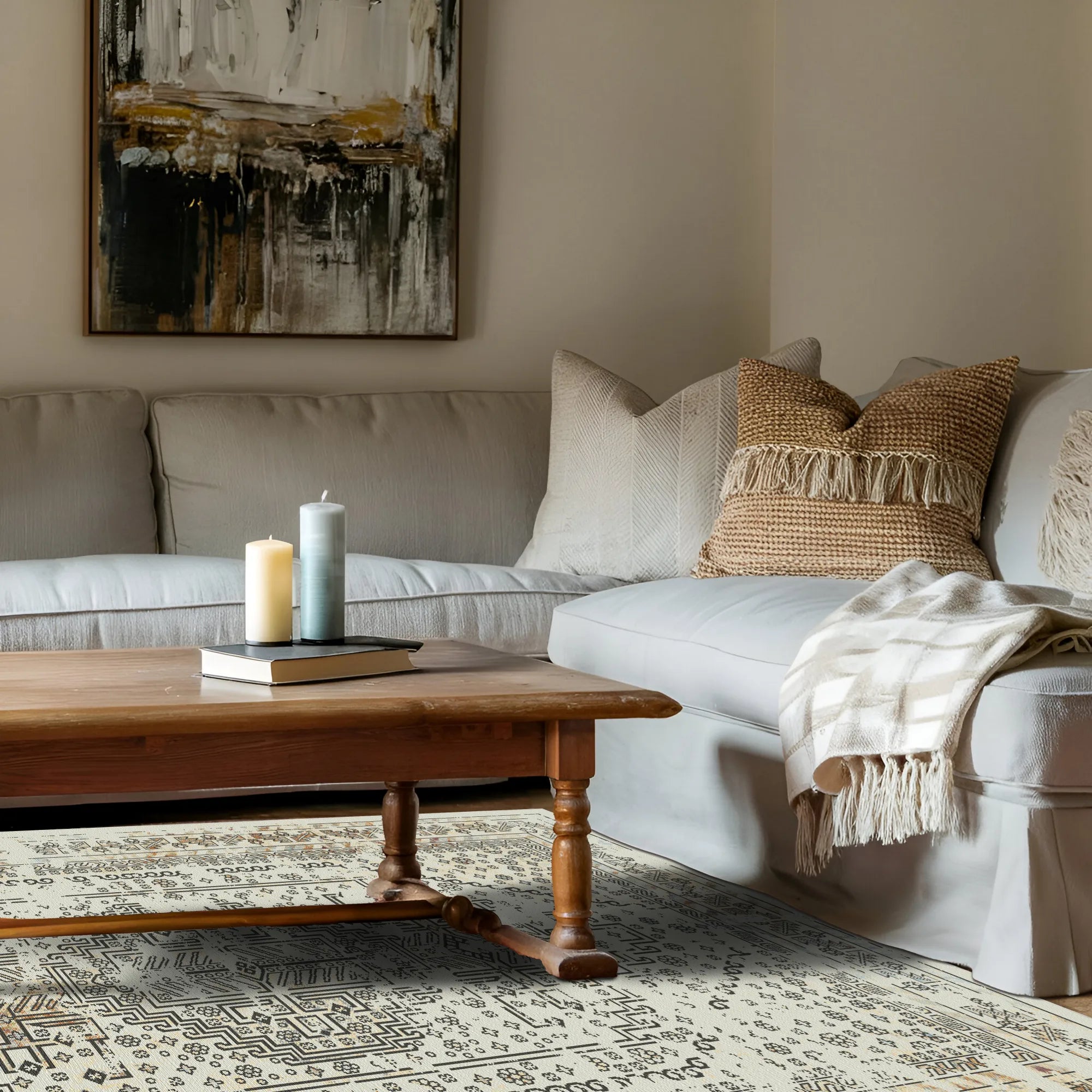 Santorini Ivory Geometric Traditional Rug