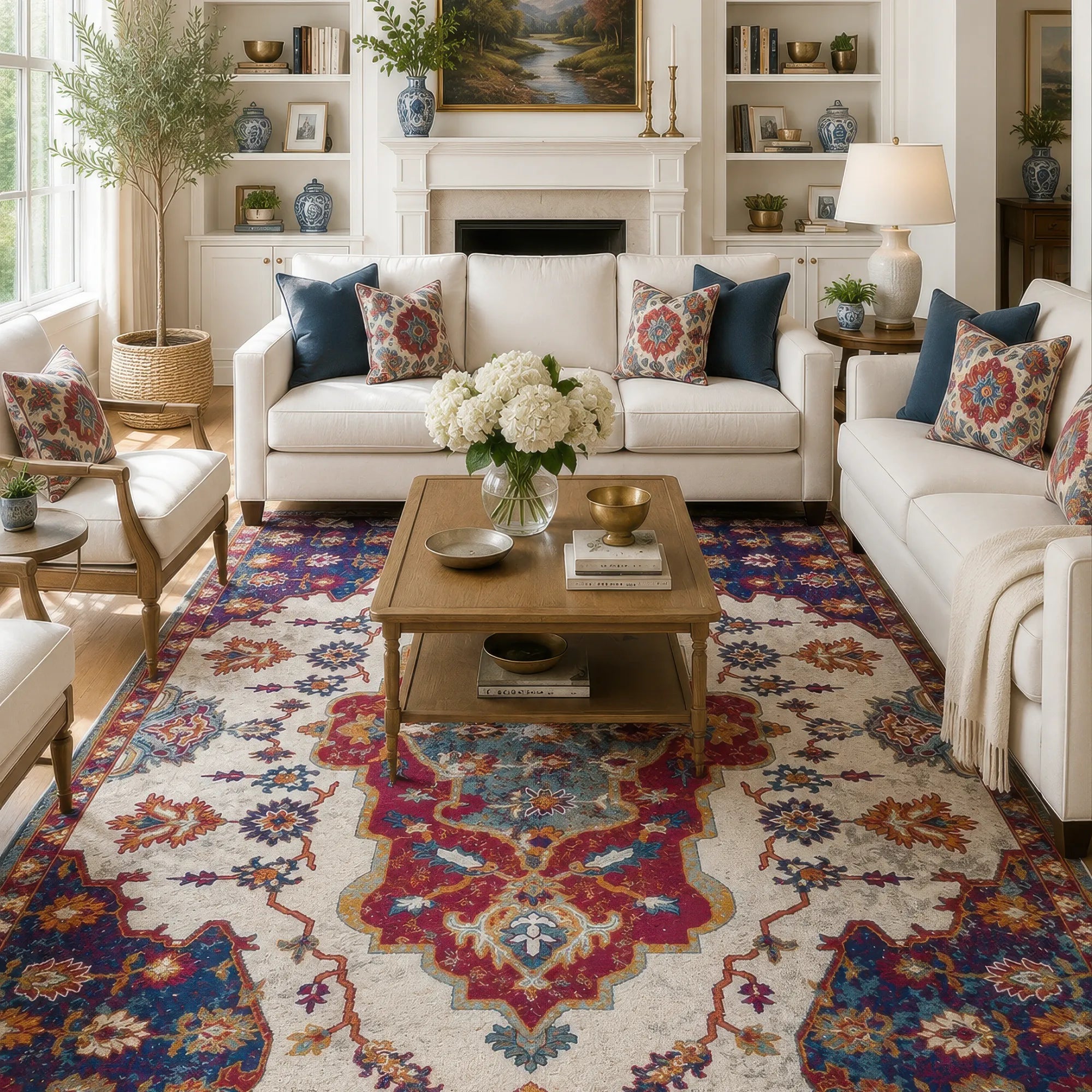 A styled living room featuring a large traditional Persian-style heriz area rug with a red, blue, and beige pattern. The room is furnished with cream-colored sofas, a wooden coffee table.