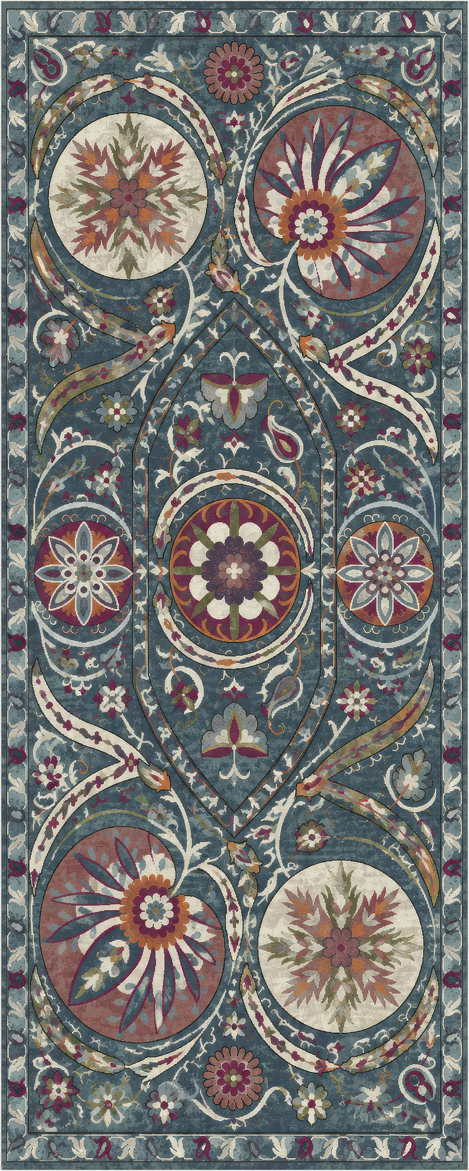 An ornate rectangular area rug with a symmetrical floral and paisley pattern in muted teal, dusty rose, cream, burgundy, and gold tones.