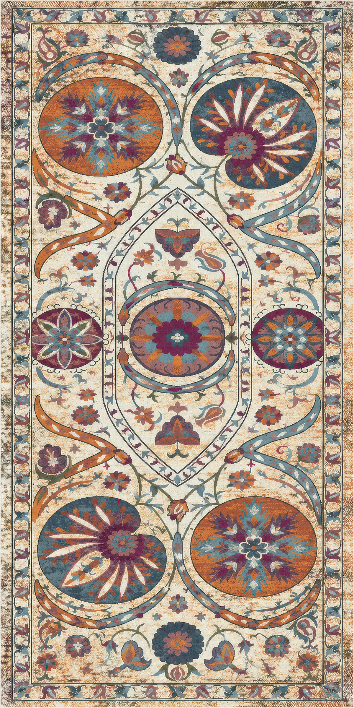 An ornate rectangular area rug with a cream background and intricate bohemian-style medallion and floral motifs in rust orange, teal blue, burgundy, and brown.