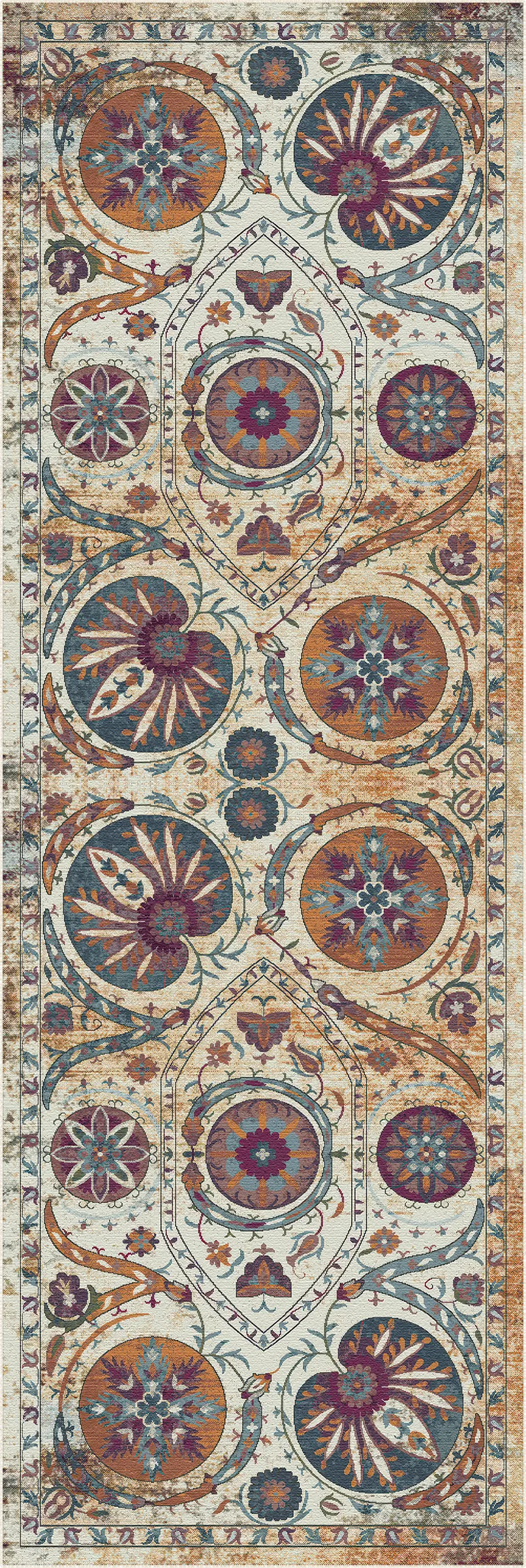 A rectangular area rug with an intricate traditional medallion pattern in muted tones of rust orange, teal blue, burgundy, and beige.