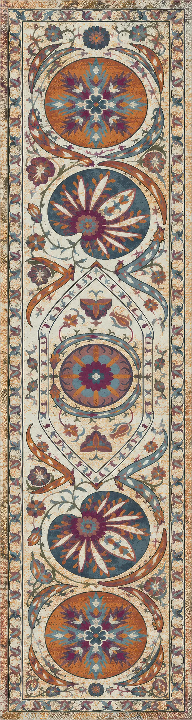 A long rectangular area rug with an ornate vintage medallion pattern in cream, rust orange, teal, burgundy, and brown.