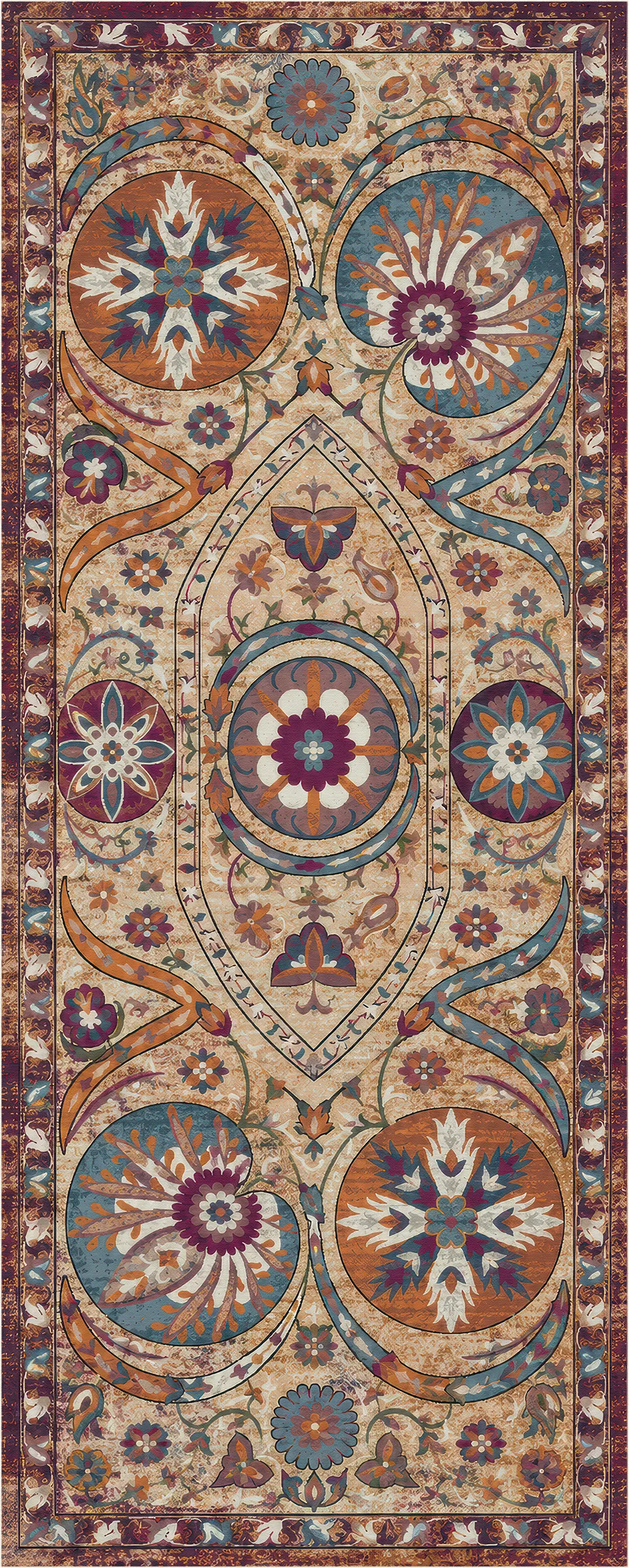 A rectangular area rug with an ornate traditional medallion pattern in beige, rust orange, teal blue, and deep purple, shown flat against a white background.