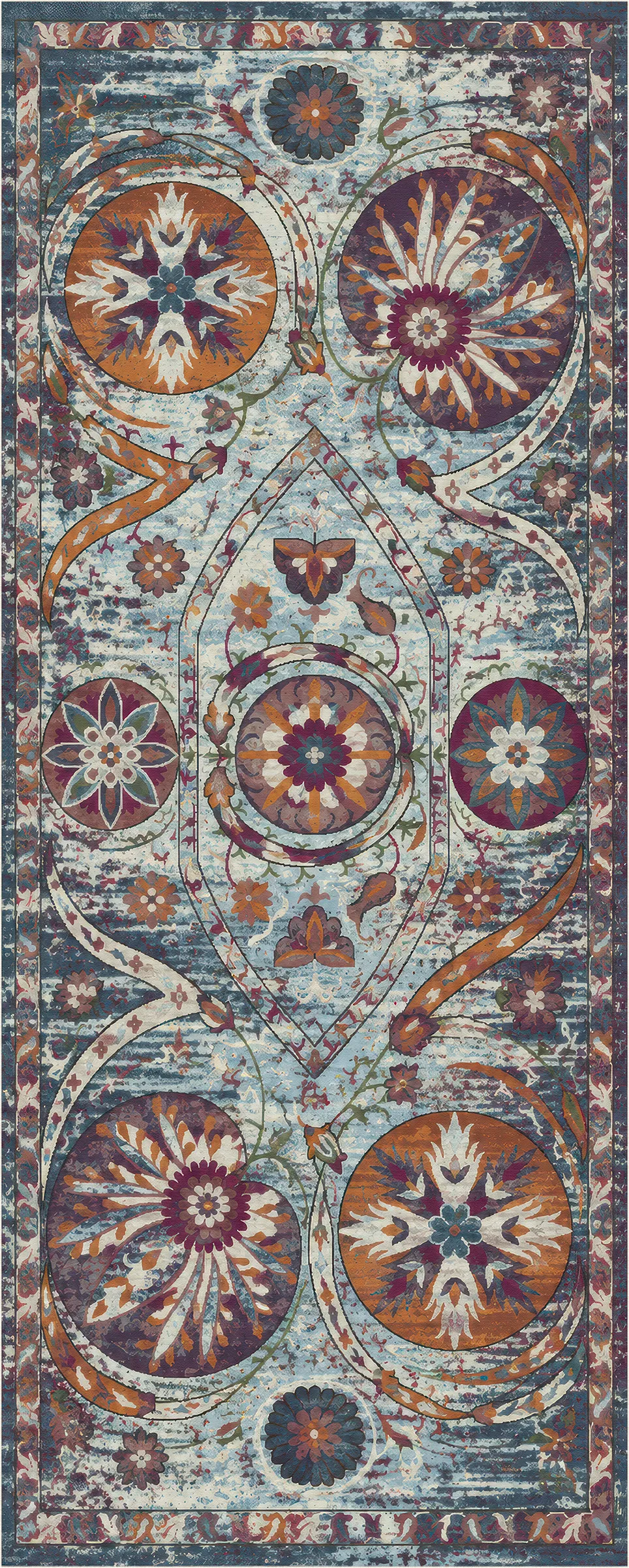 An area rug featuring a distressed, vintage-style traditional design with circular medallions and floral motifs in muted blue, rust orange, purple, and beige.