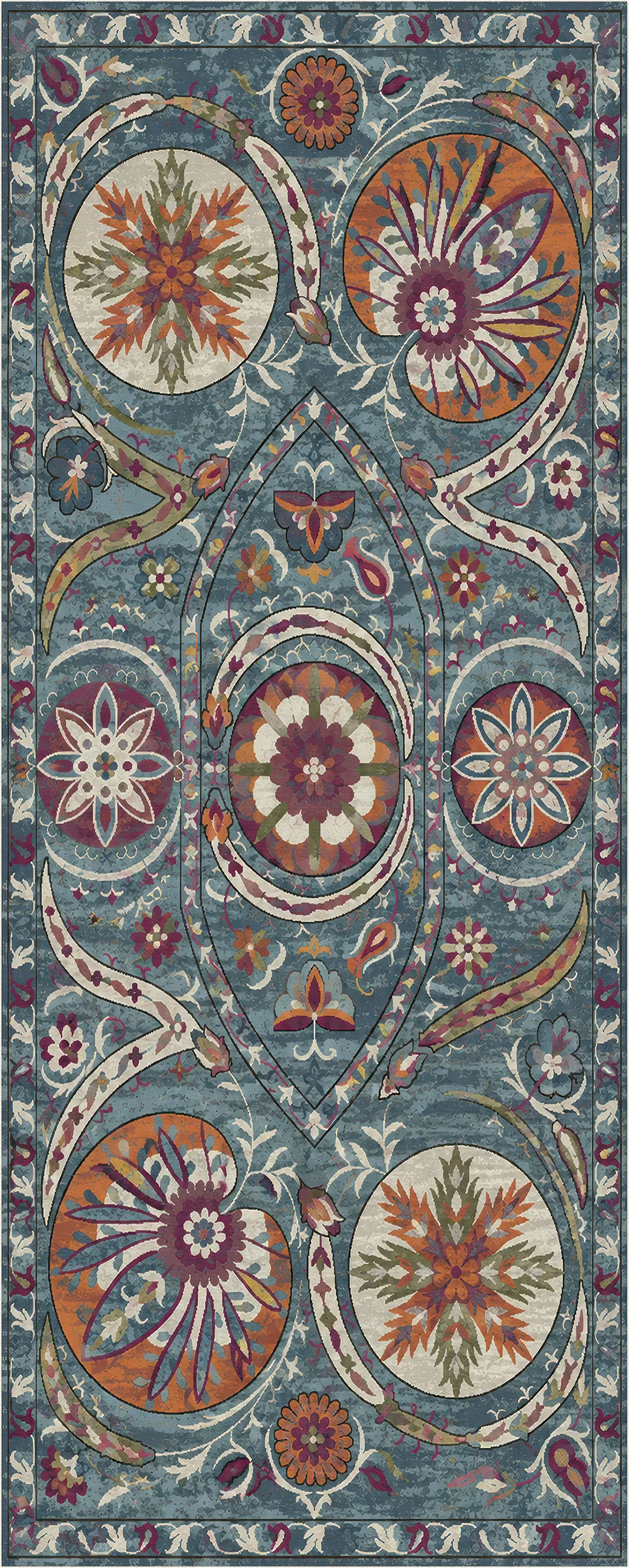 An area rug featuring a detailed, symmetrical botanical and medallion pattern in muted teal blue, rust orange, cream, and burgundy.