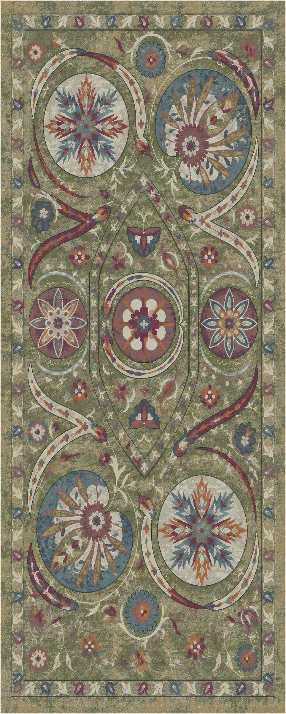 An area rug featuring an intricate, symmetrical botanical and medallion pattern in muted tones of sage green, dusty blue, terracotta, and cream.