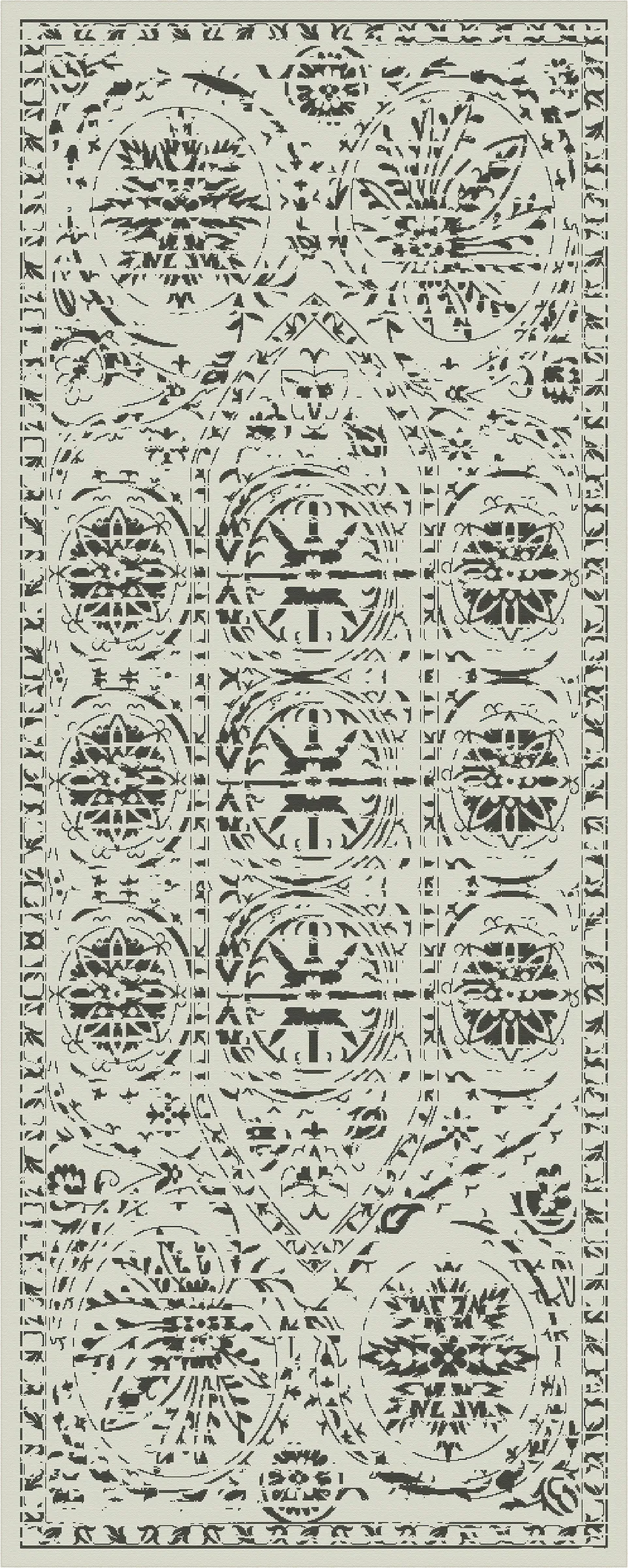 A rectangle runner rug shown flat against a white background, featuring an intricate black geometric and floral pattern with repeating circular medallions and a decorative border.