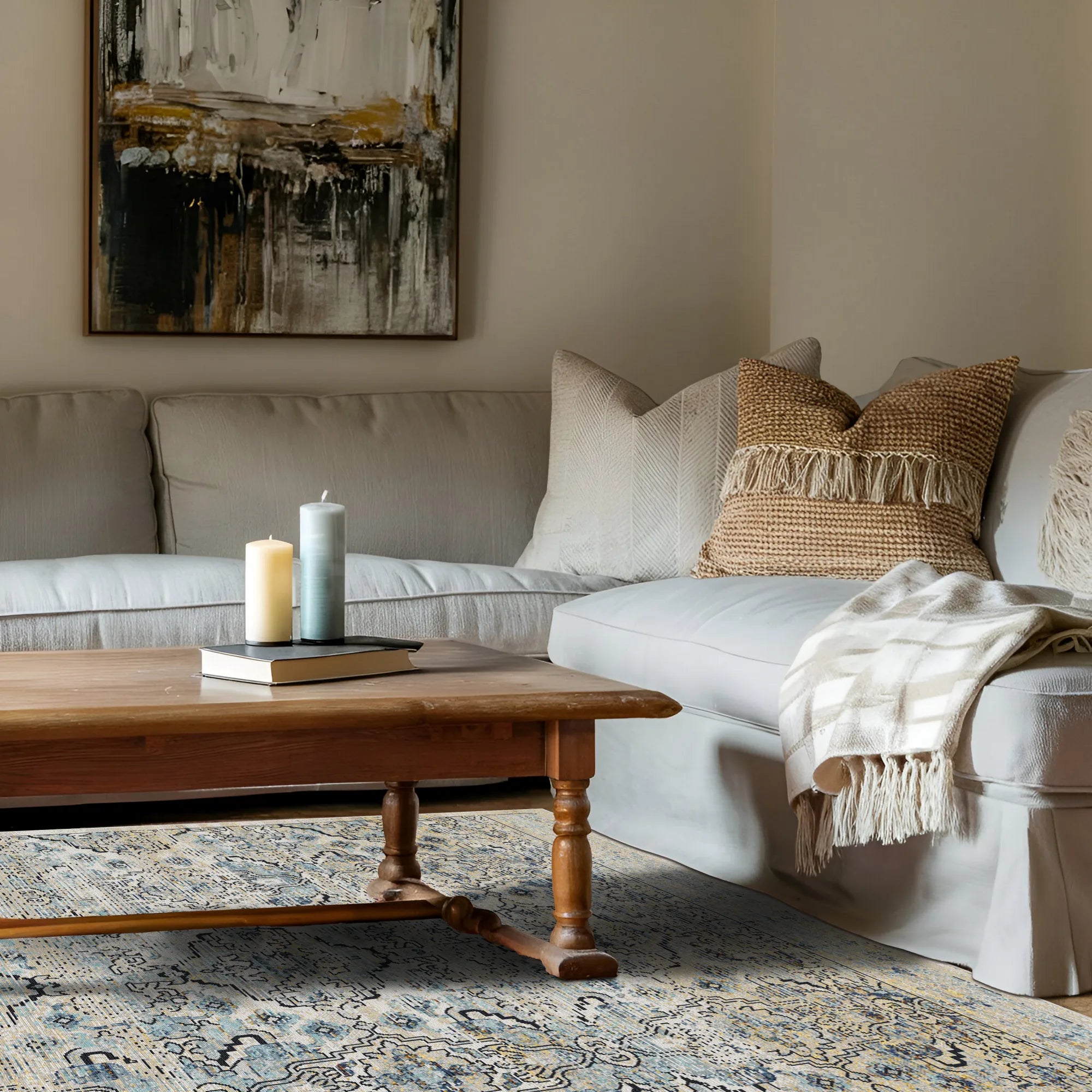 Vintage Neutral Serapi Lattice Rug