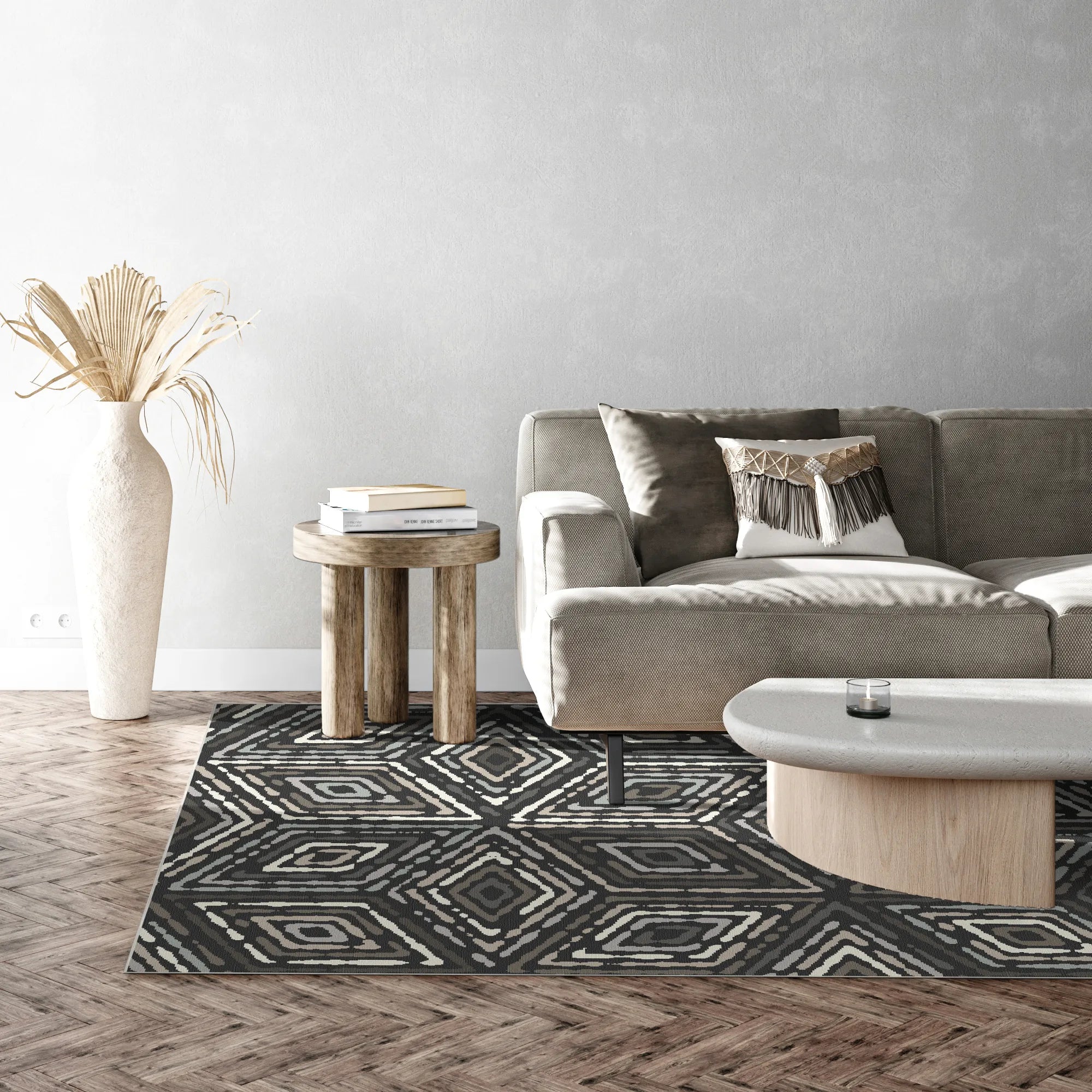 Modern Charcoal Tribal Diamond Rug