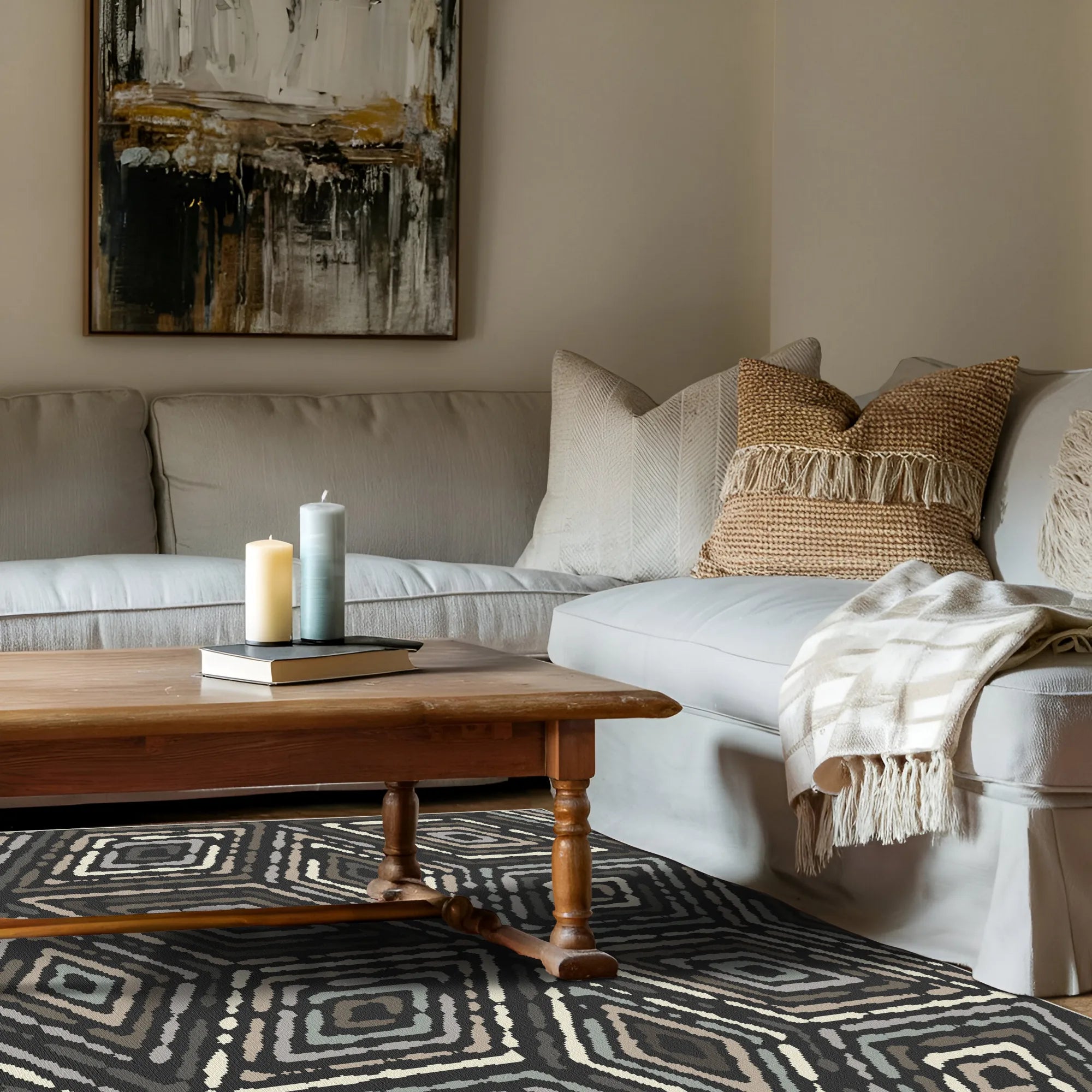Modern Charcoal Tribal Diamond Rug