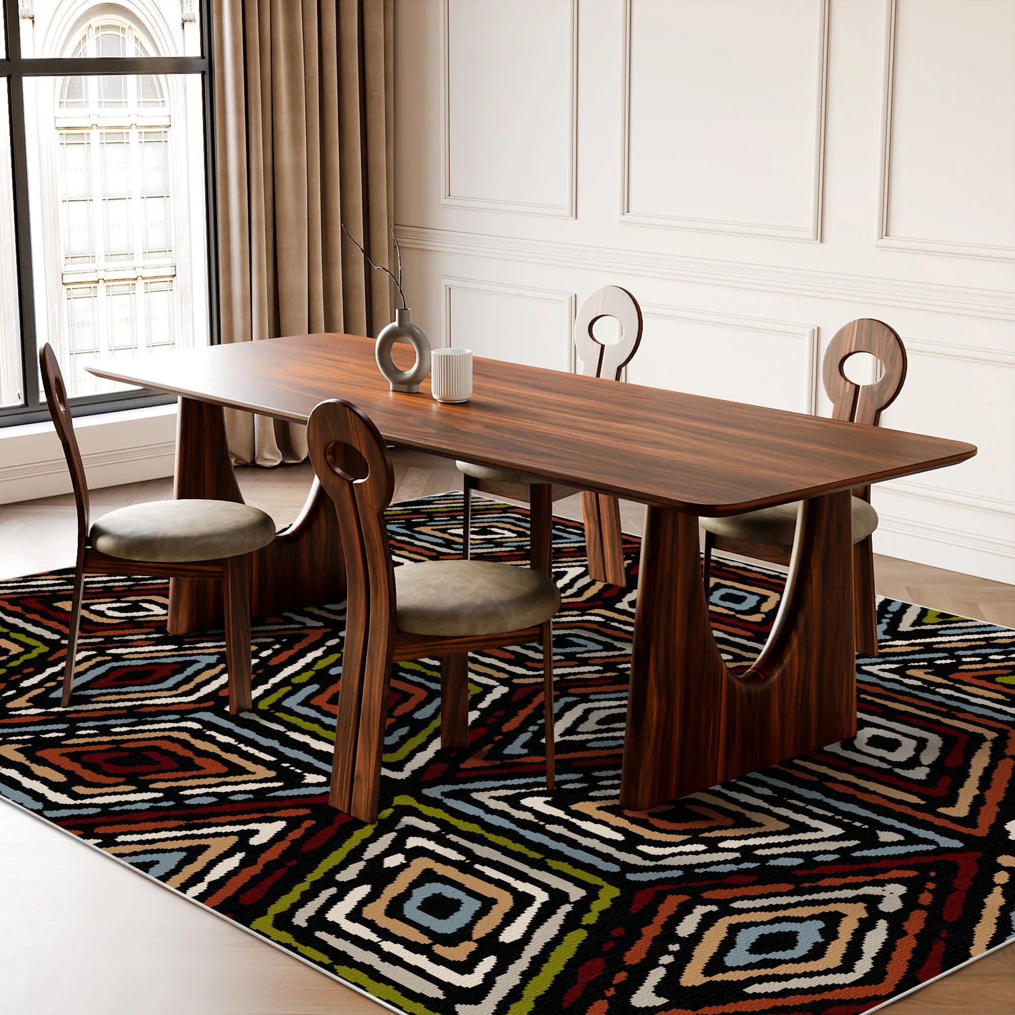 Bold Red Black Tribal Diamond Rug