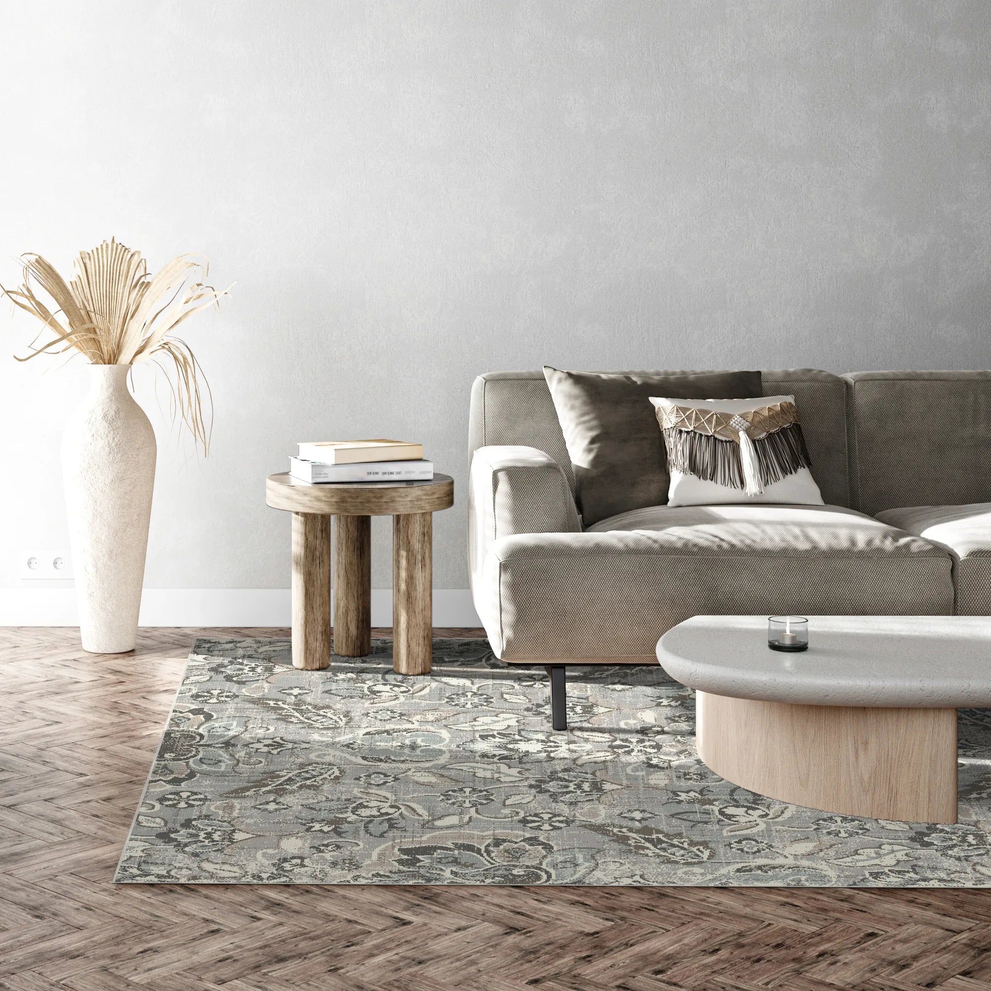 Camille Gray Damask Washable Rug