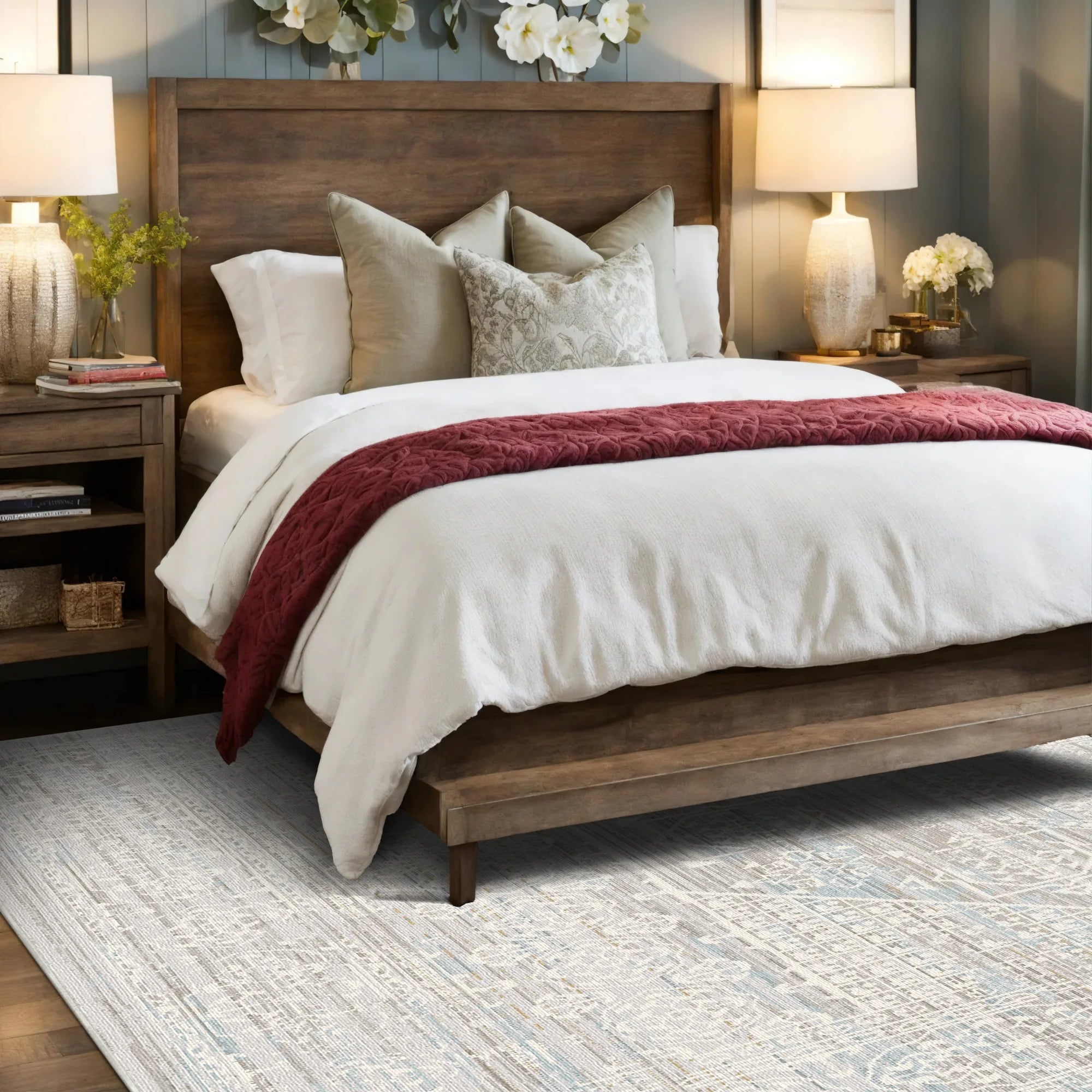 Light blue and beige area rug with subtle geometric pattern under wooden bed frame in bedroom