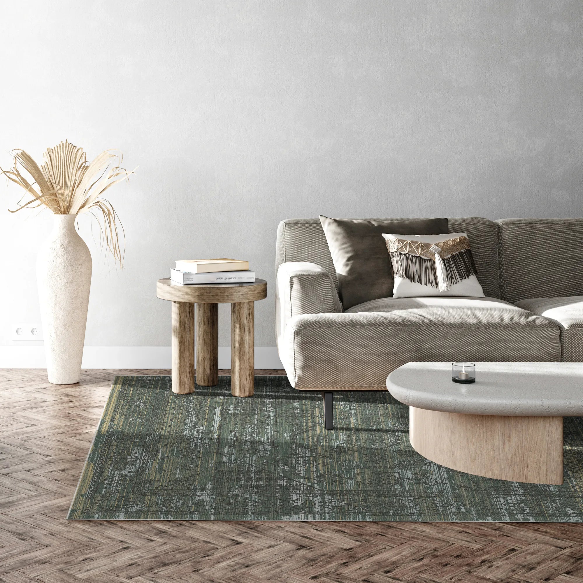 green area rug with subtle geometric pattern in living room setting