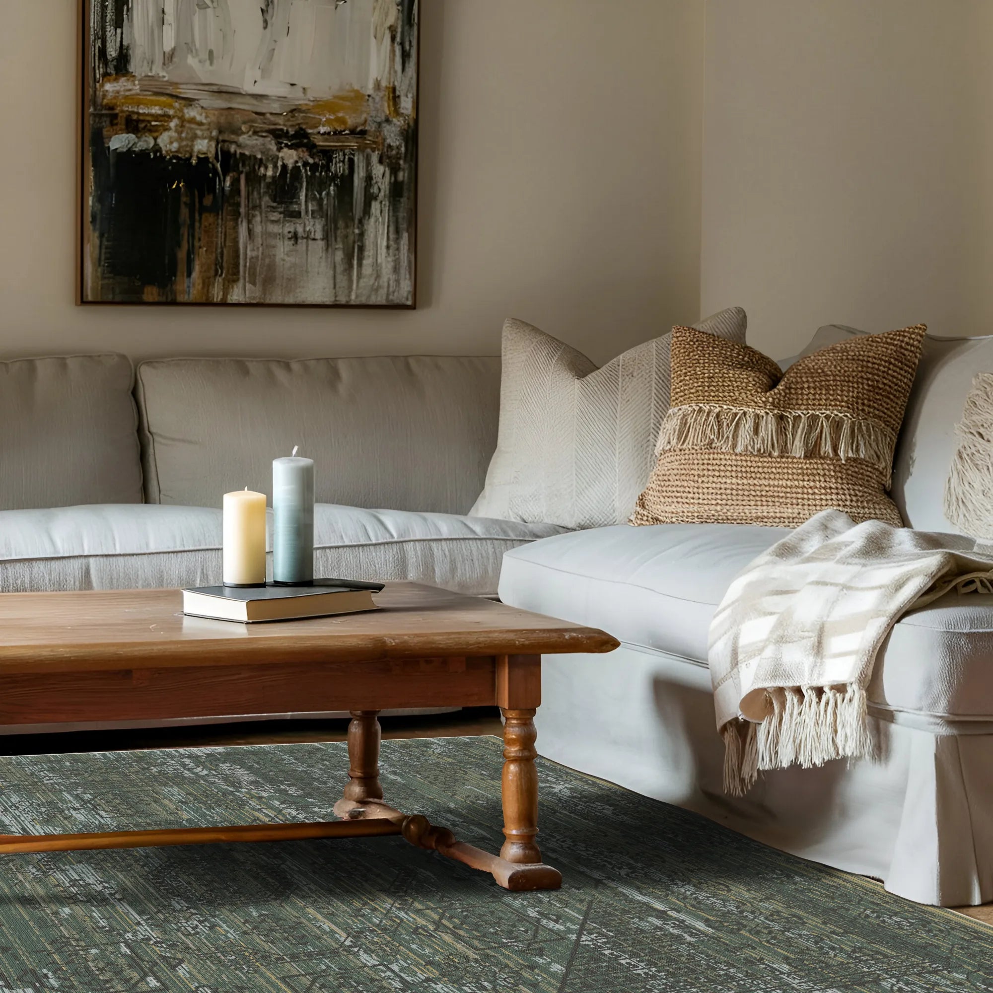 green area rug with abstract geometric pattern under wooden coffee table in living room
