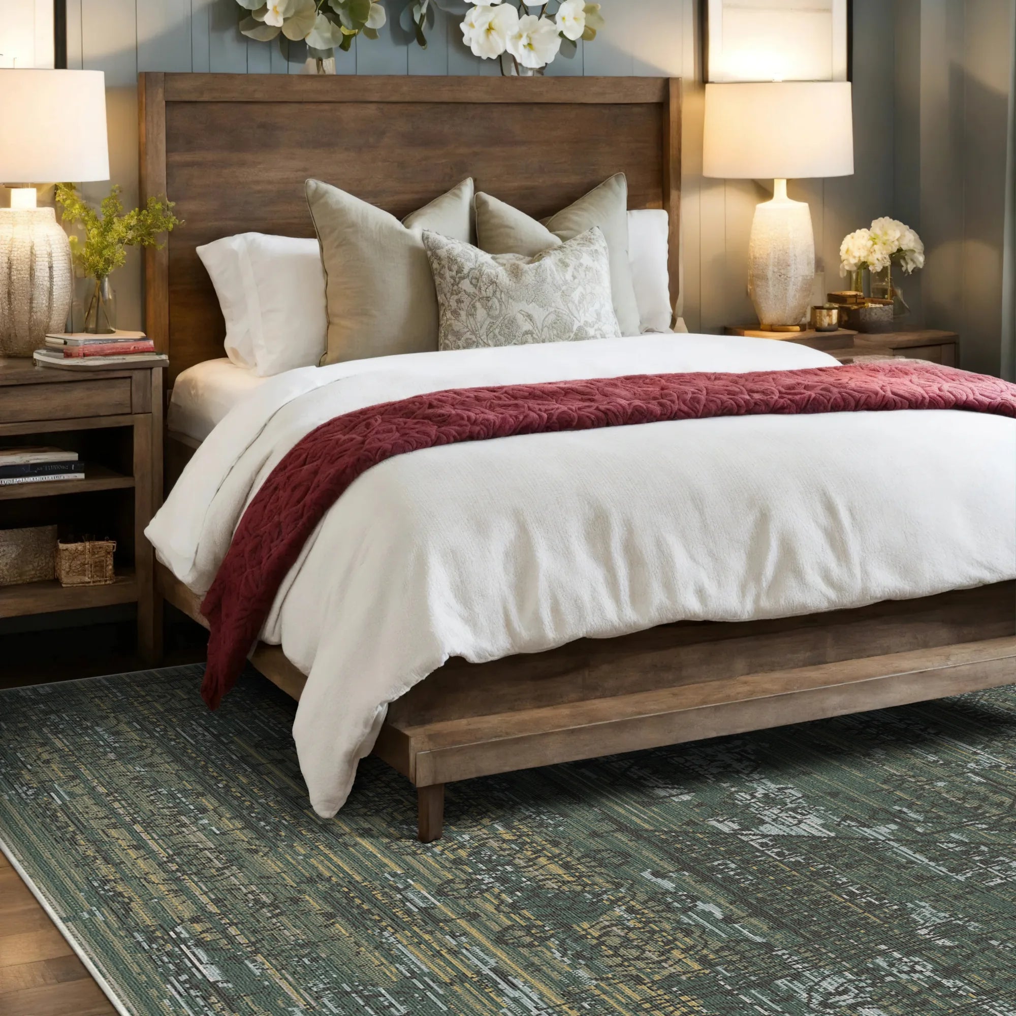 green area rug with abstract geometric pattern under wooden bed frame in bedroom