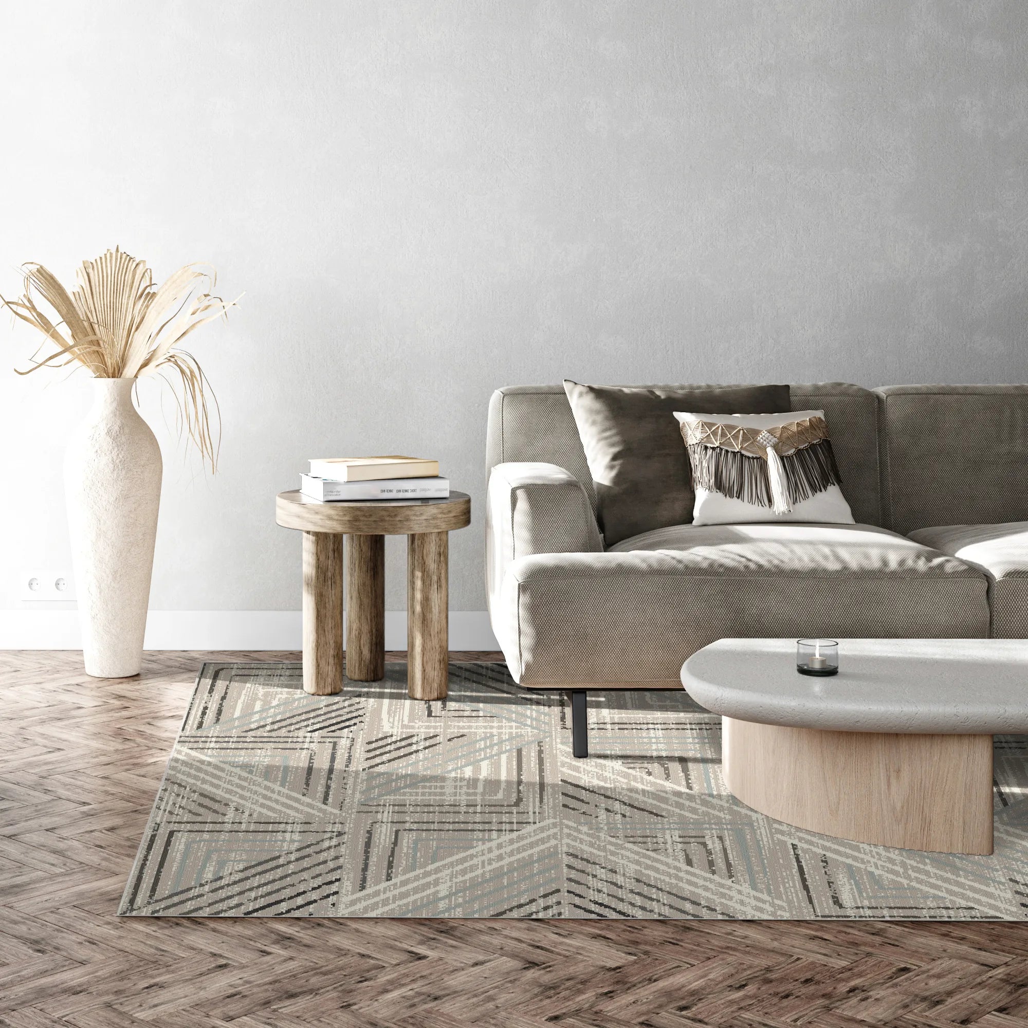 Taupe Labyrinth Geometric Washable Rug