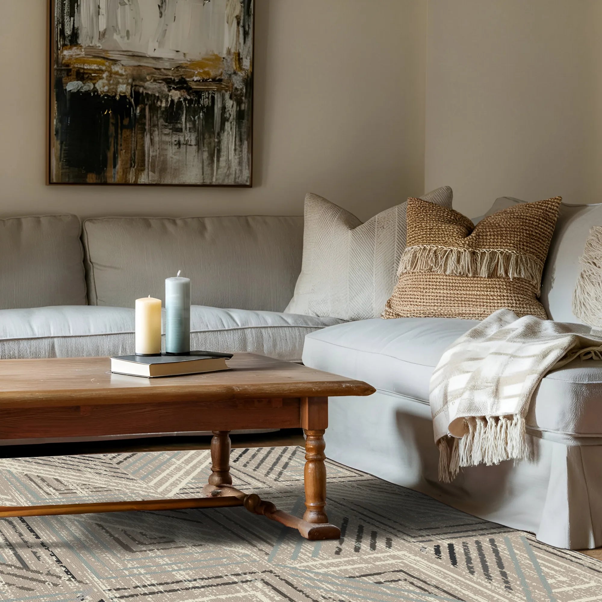 Taupe Labyrinth Geometric Washable Rug