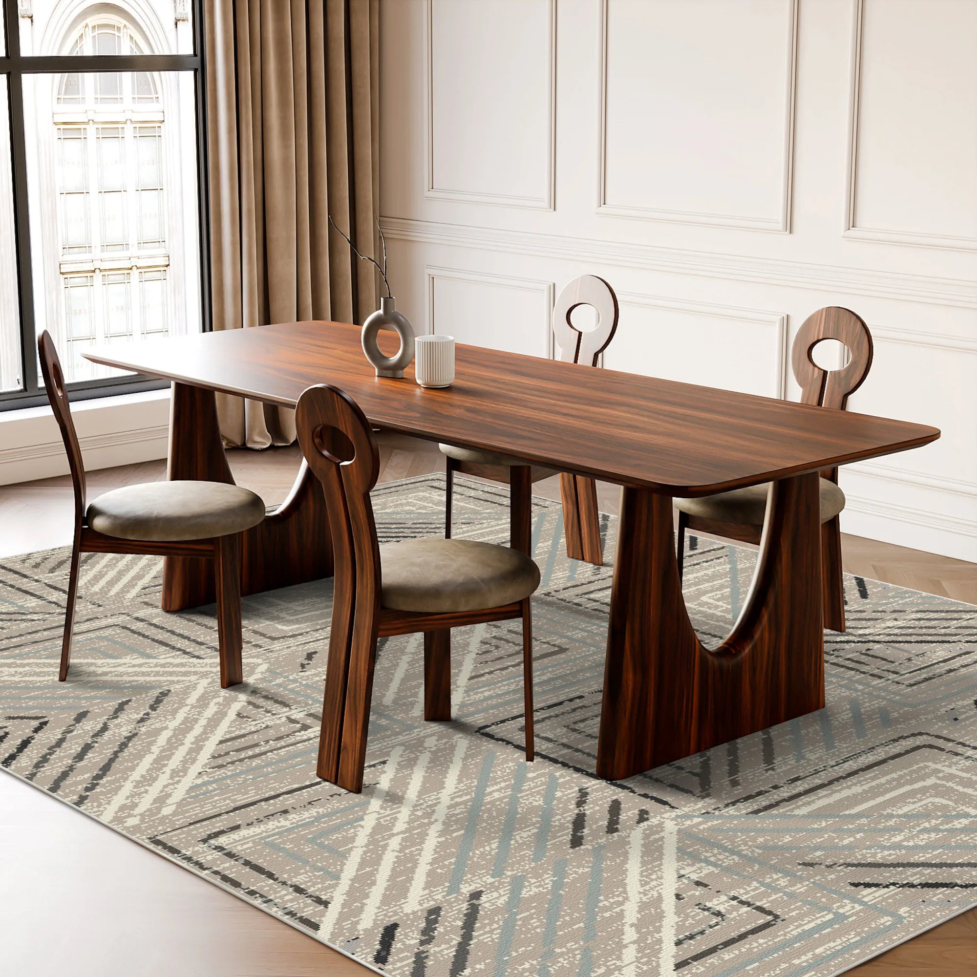 Taupe Labyrinth Geometric Washable Rug