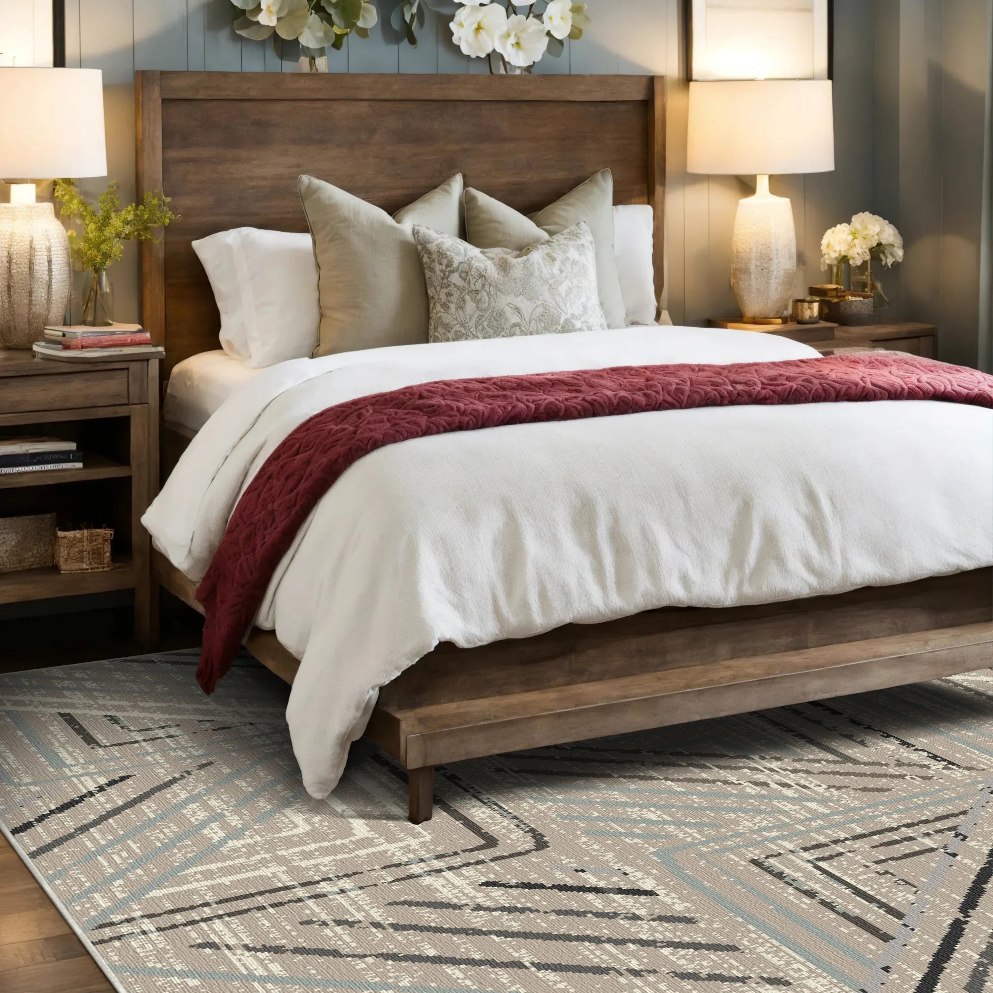 Taupe Labyrinth Geometric Washable Rug