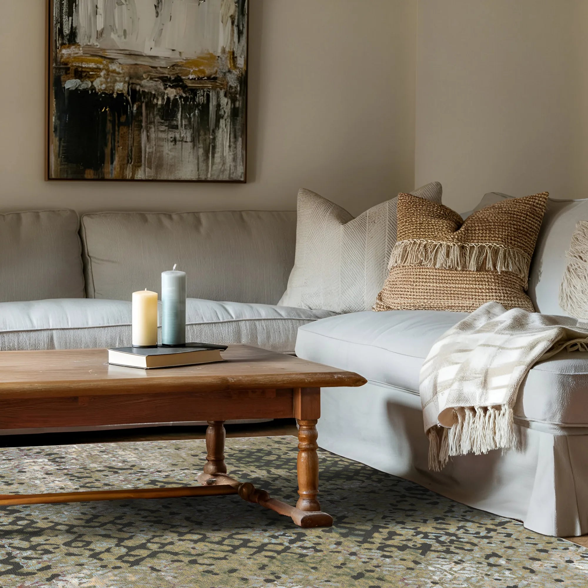 Rustic Olive Distressed Trellis Rug