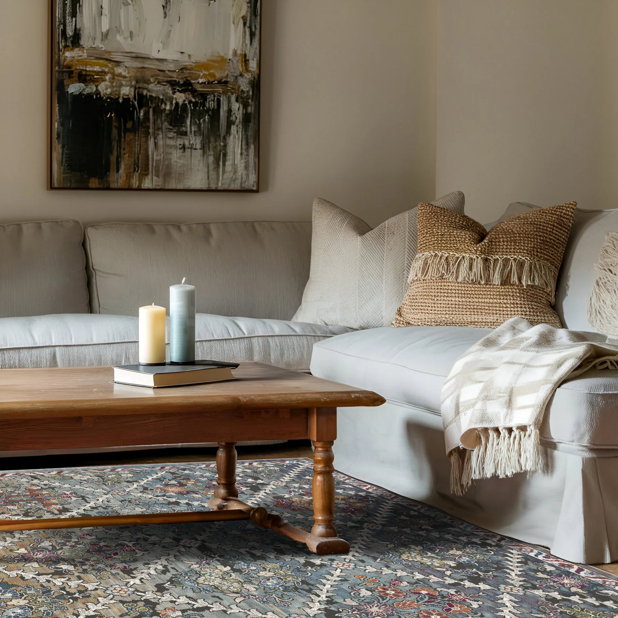 Azure Lattice Erased Botanical Rug