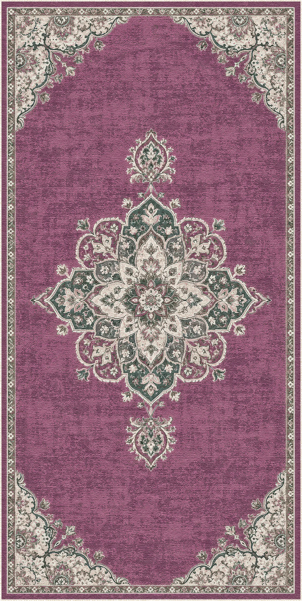 A rectangular area rug with a distressed traditional medallion pattern in dusty purple, sage green, and cream, shown flat against a white background.