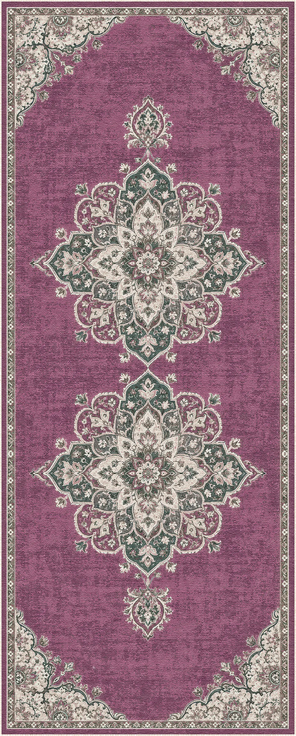 A rectangular area rug with a traditional medallion pattern in dusty magenta, sage green, and cream, shown flat against a white background.