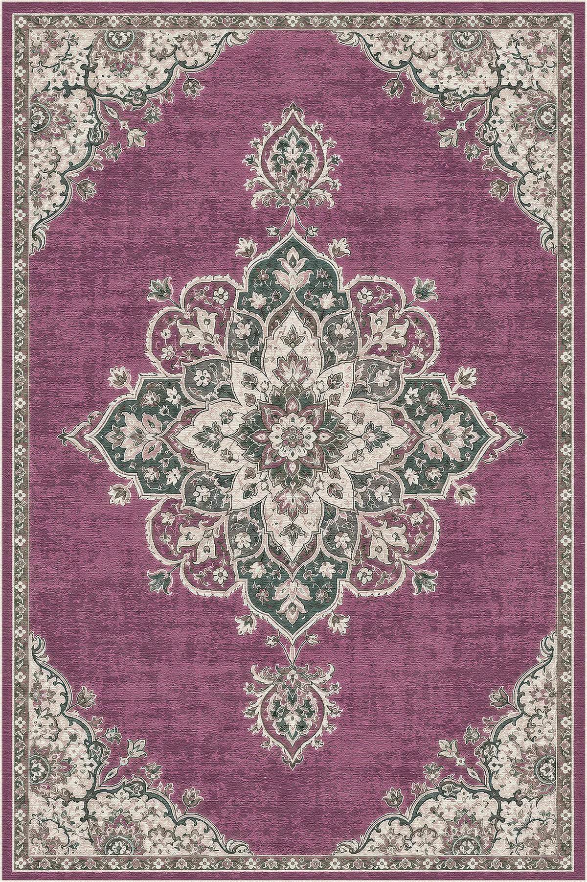 area rug with plum background and intricate floral medallion pattern in blue beige and green