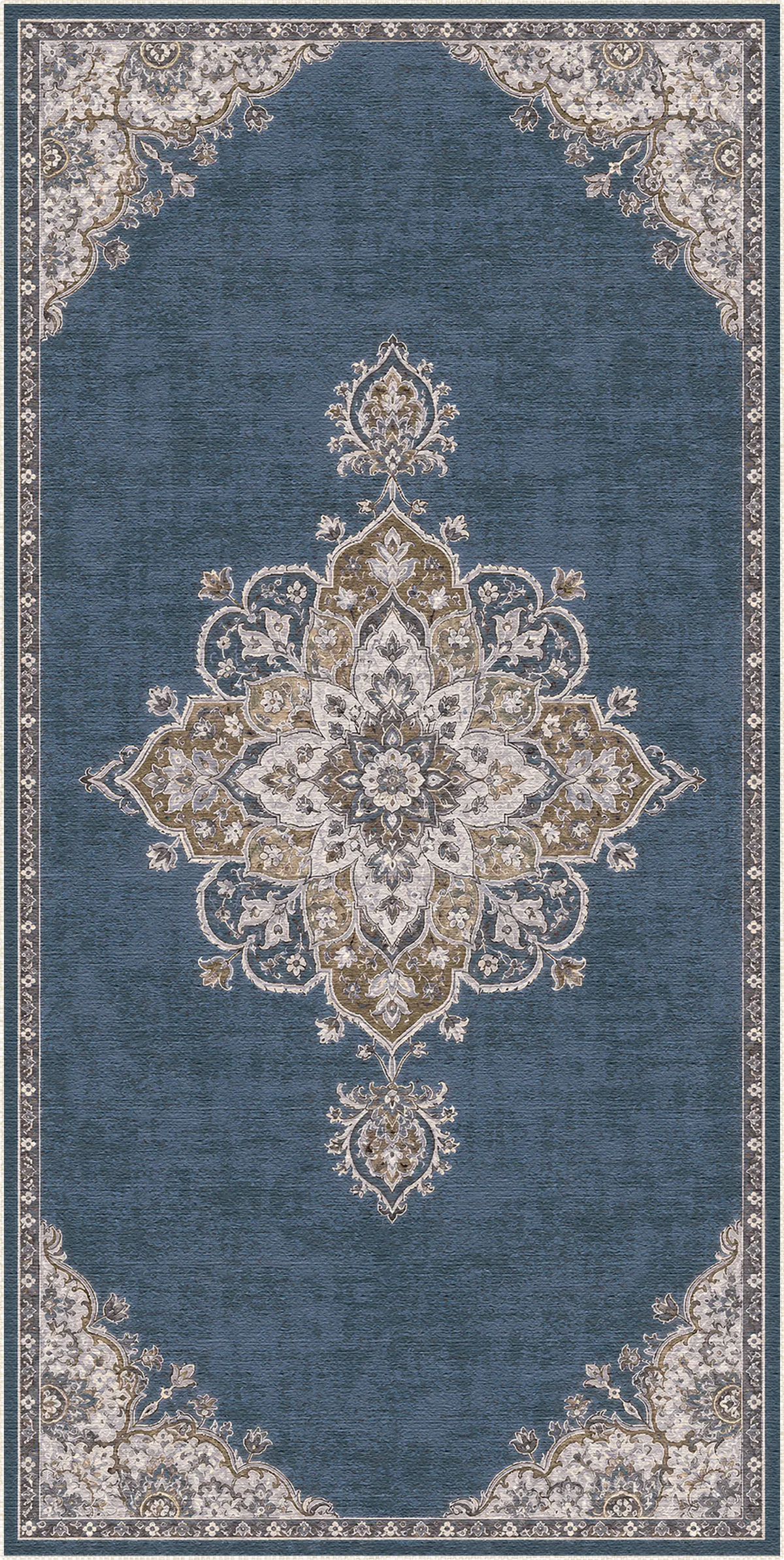 A traditional area rug featuring a prominent central medallion and ornate corner motifs. The rug has a textured slate blue background with beige and muted gold detailing.