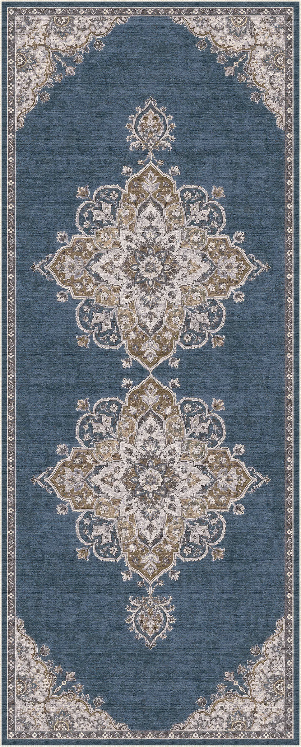 A rectangular area rug with a traditional medallion pattern in slate blue, beige, and muted gold tones, shown flat against a white background.