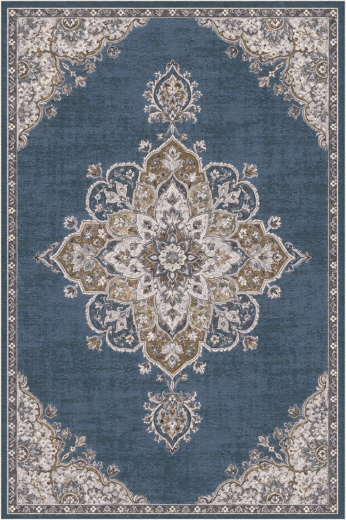 area rug with slate blue background and intricate floral medallion pattern in beige and rust tones
