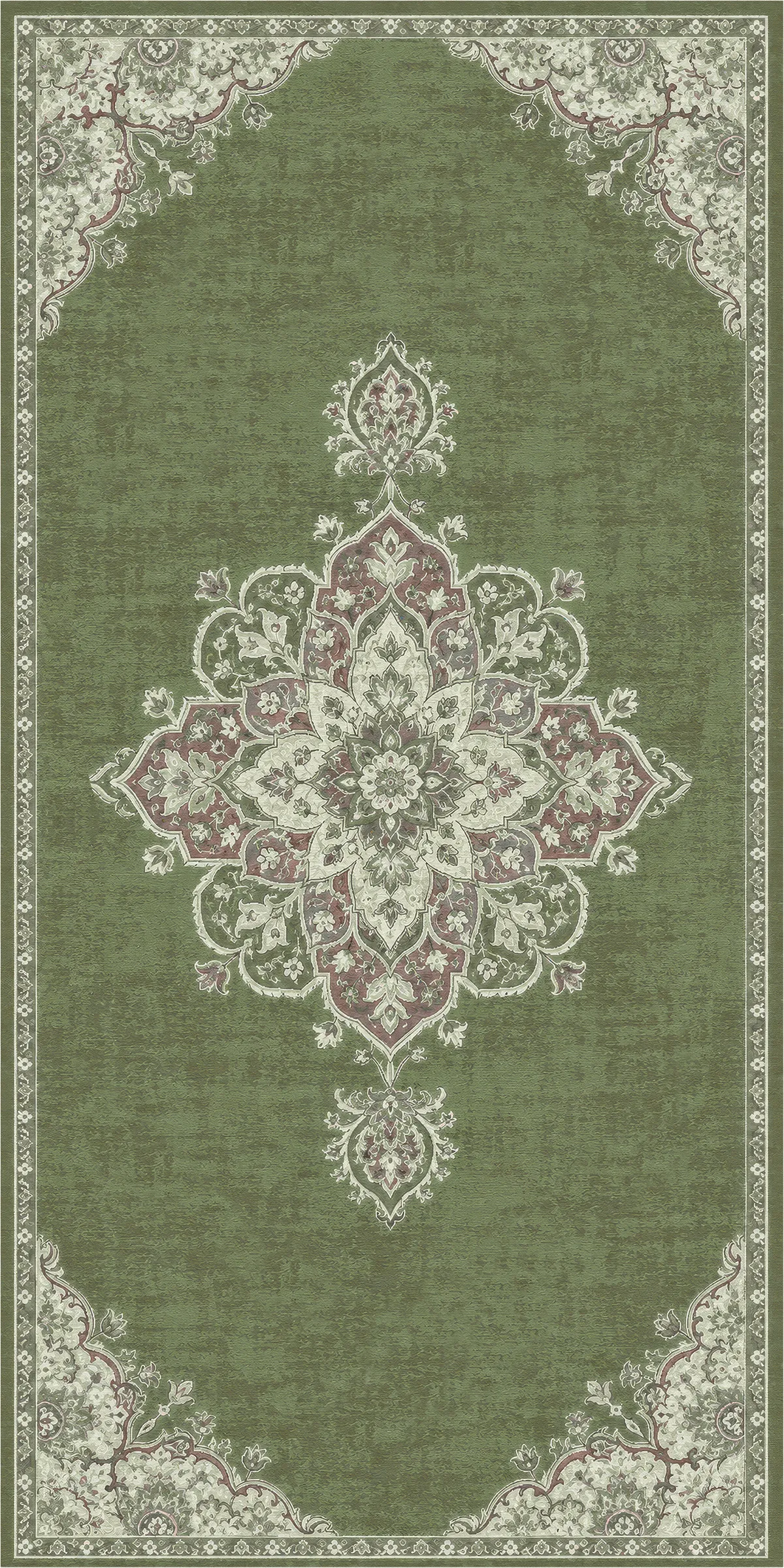 An area rug with a traditional medallion pattern in sage green, featuring cream and dusty rose accents.