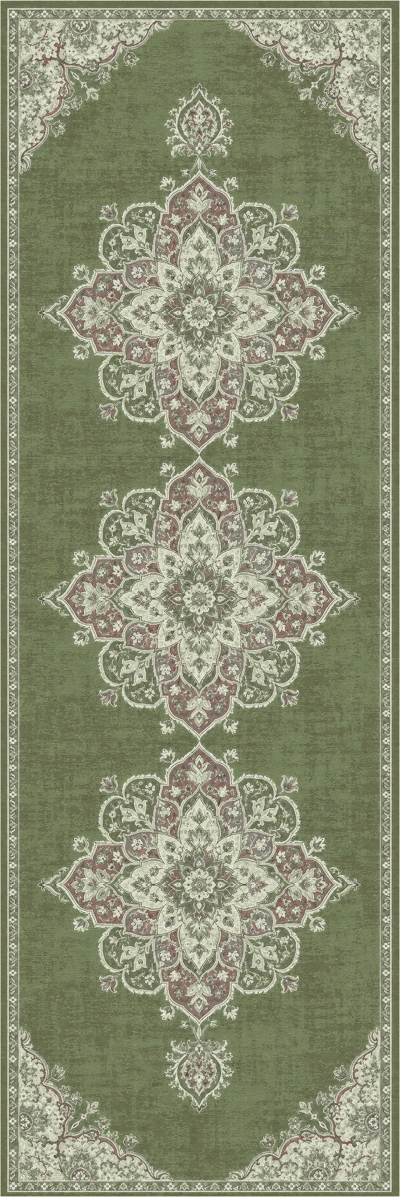 An area rug with a sage green background, featuring three large central medallions in dusty rose and cream, and a matching cream border.