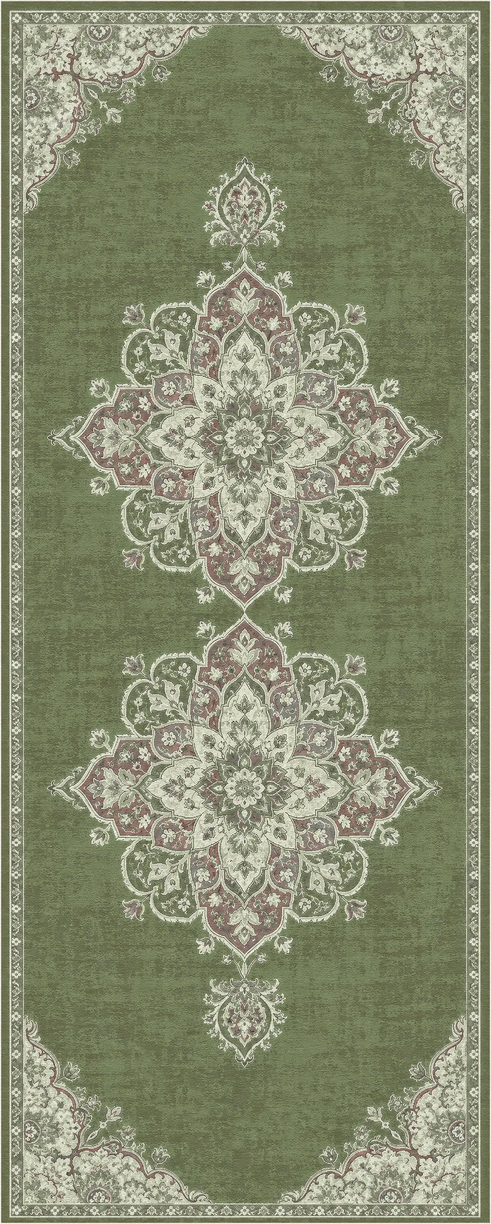 An area rug with a traditional oriental design, featuring a sage green field with two large central medallions in dusty rose and cream, and a matching cream border.