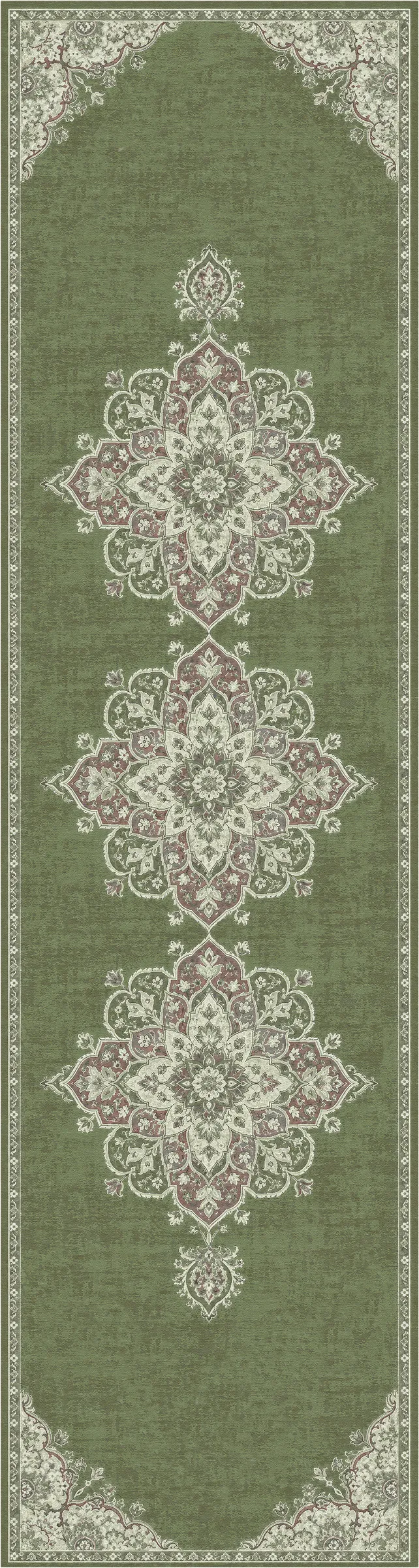 An area rug with a sage green background, featuring three large central medallions in a dusty rose and cream pattern, and cream borders along the top and bottom edges.
