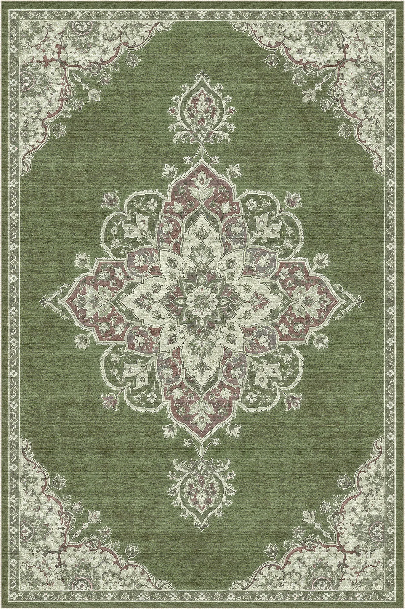 area rug with sage green background and intricate floral medallion pattern in cream and muted colors