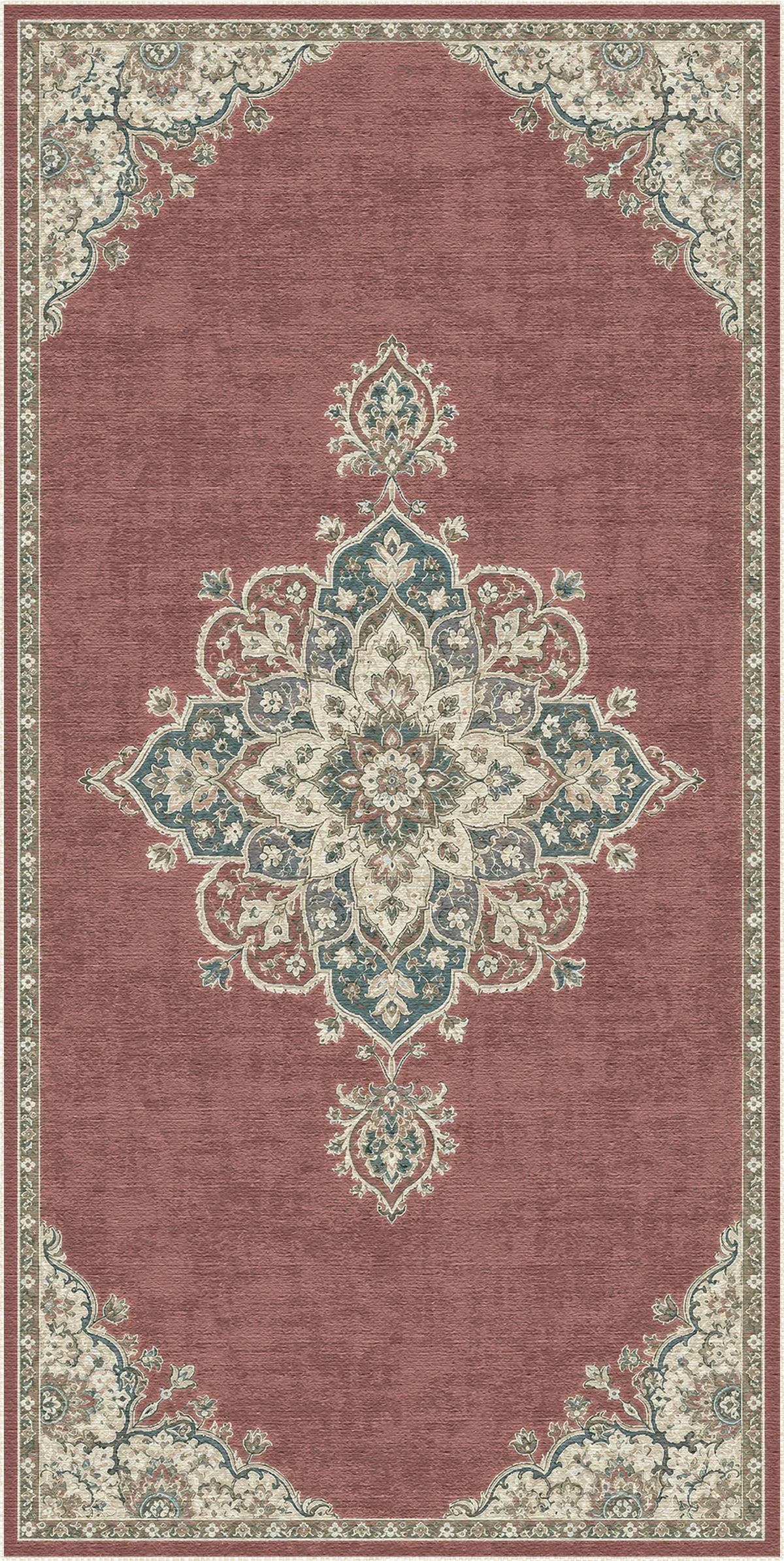 A rectangular area rug with a traditional medallion pattern, featuring a dusty rose pink field, a central teal and cream medallion, and a matching floral border.