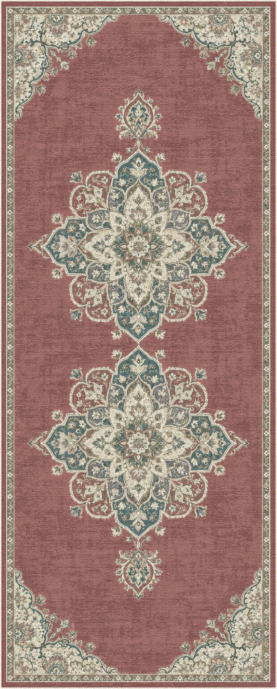 A rectangular area rug with a traditional medallion pattern in dusty rose, teal blue, and cream, shown flat against a white background.