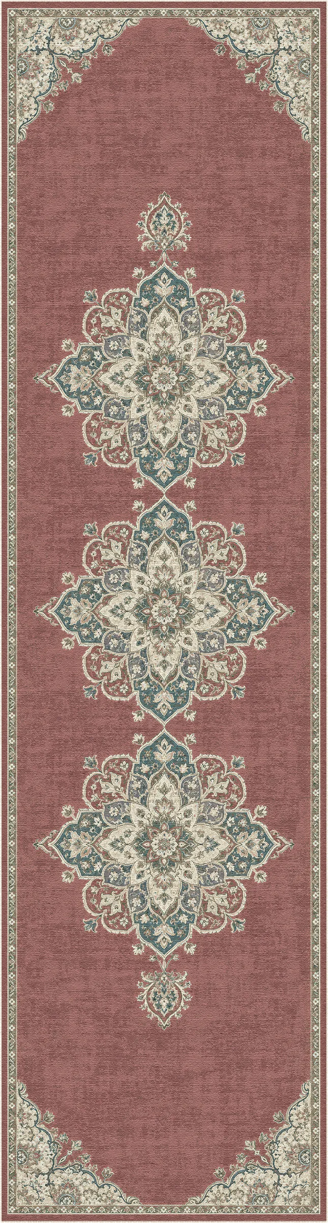 A long rectangular area rug with a dusty rose or muted red field, featuring three large central medallions in teal-blue and cream with ornate floral and scroll motifs.