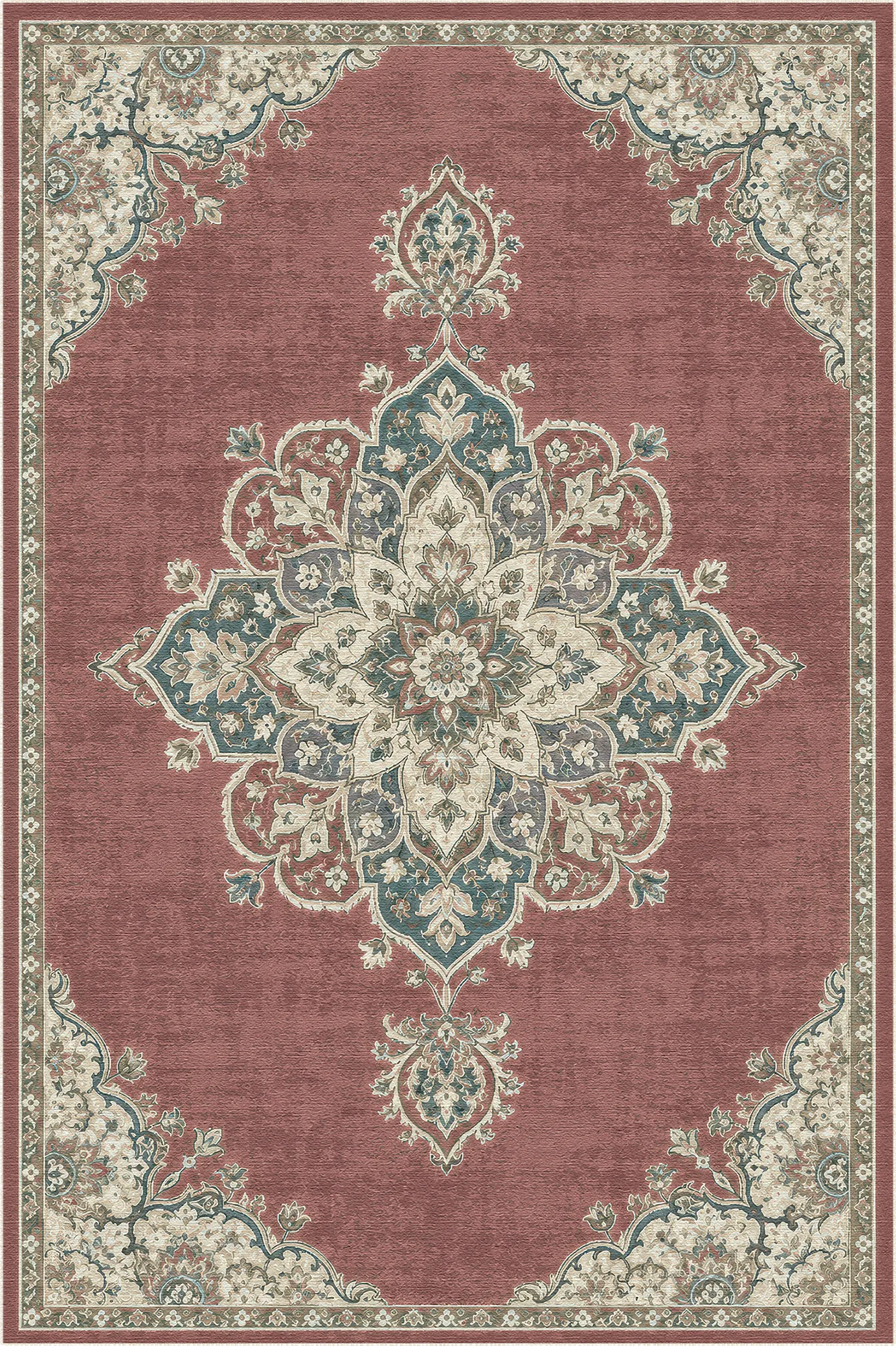 area rug with rose background and intricate floral medallion pattern in blue and beige tones