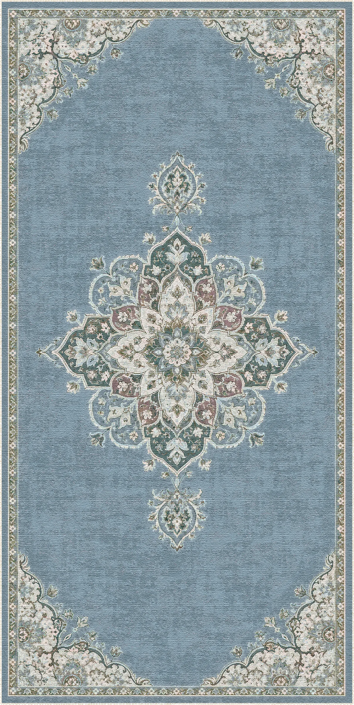 A rectangular area rug with a traditional medallion pattern in dusty blue, beige, and muted green tones, shown flat against a white background.