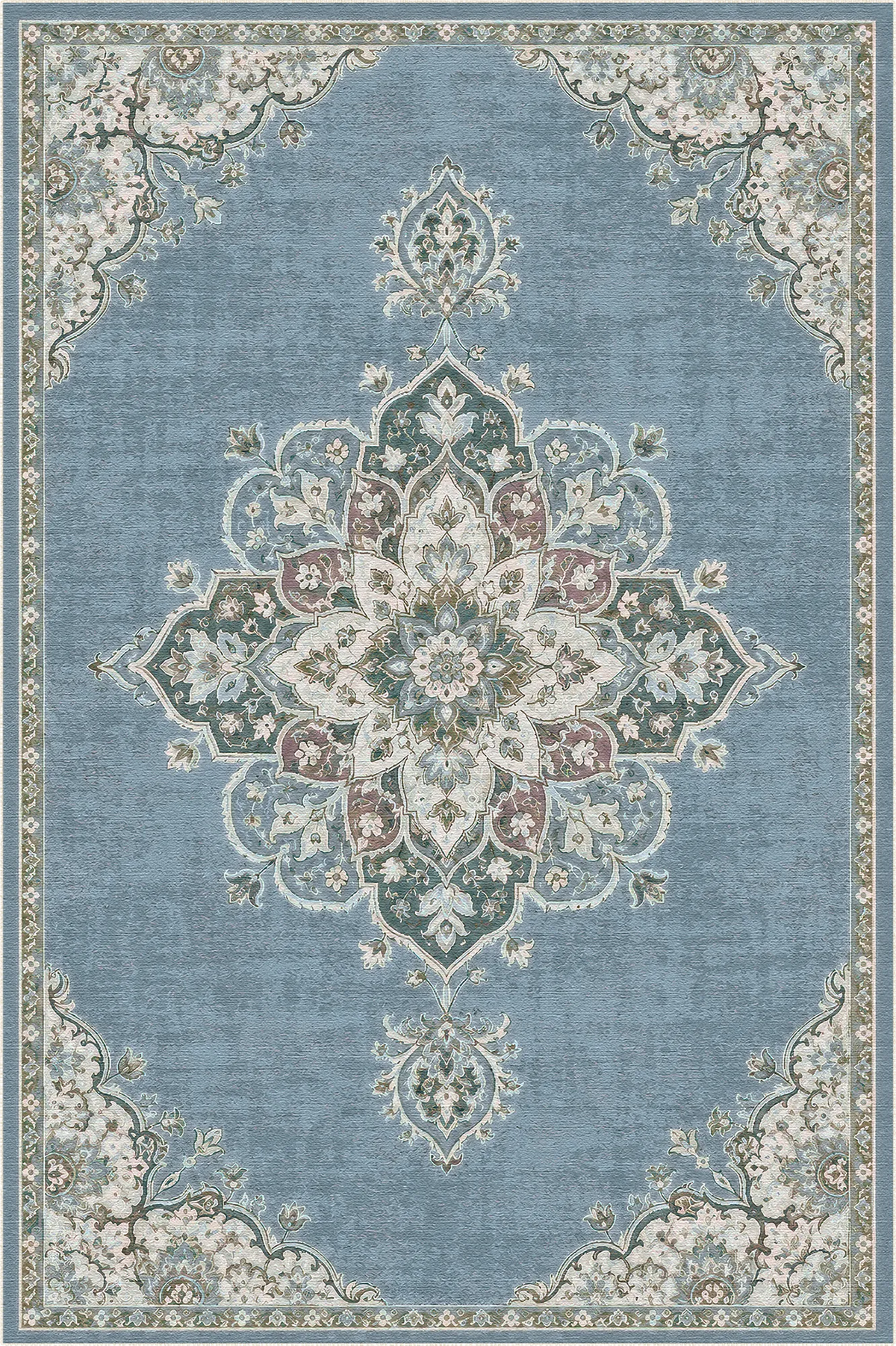 blue area rug with large floral medallion and intricate border pattern