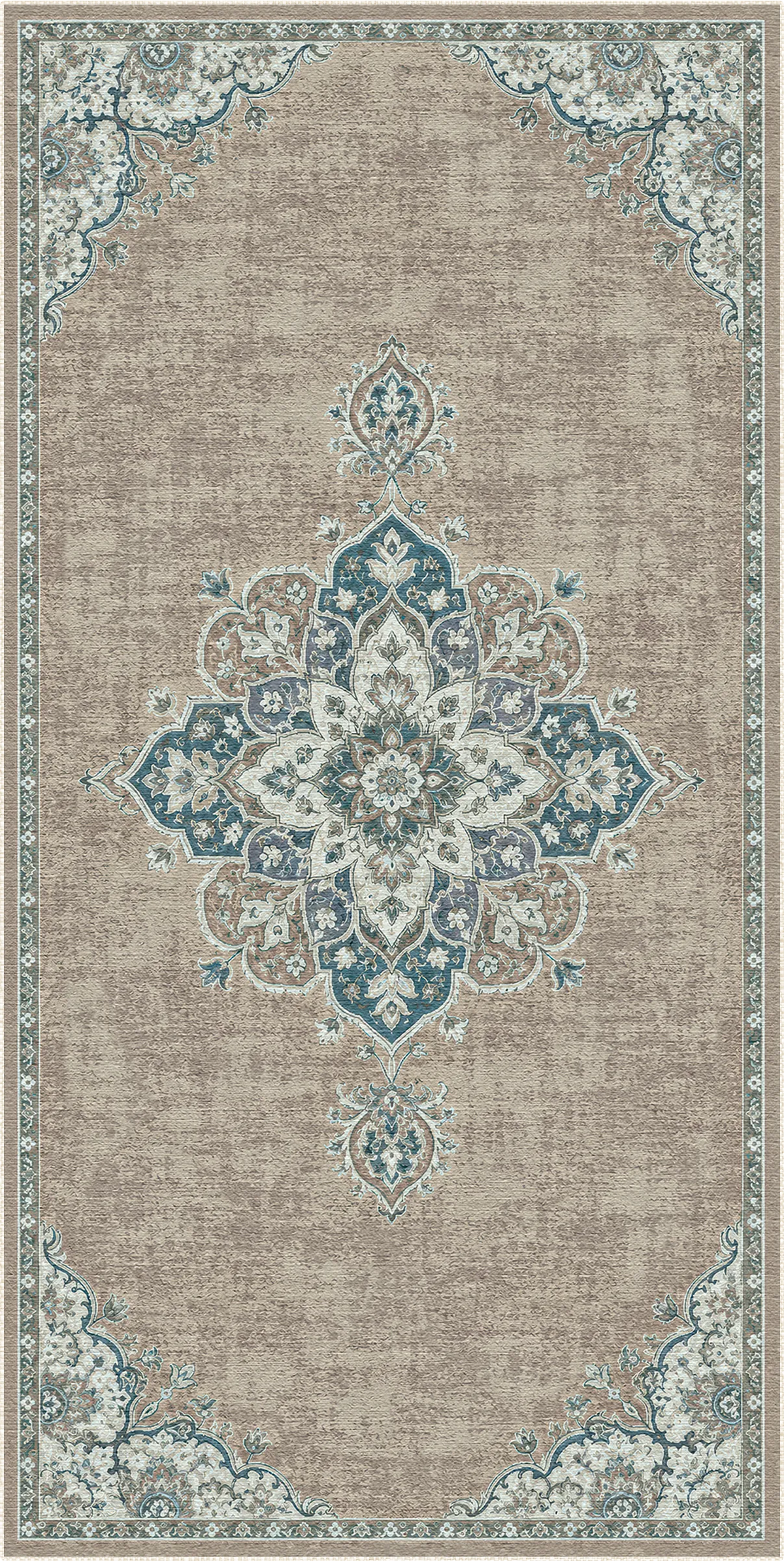 A rectangular area rug with a distressed traditional medallion pattern in beige, blue, and gray tones, shown flat against a white background.